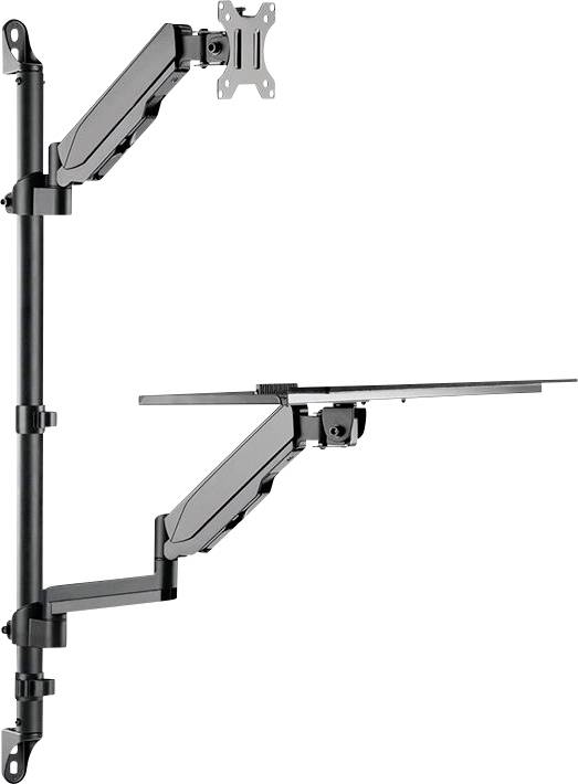 Duální rameno na monitor a notebook z černého kovu, které ergonomicky drží jak displej, tak notebook.
