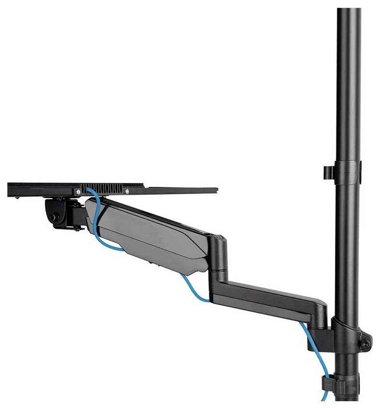 Černý monitor s ramínkem a správou kabelů, upevněný na vertikální tyči. Vhodný pro nastavitelné monitory.