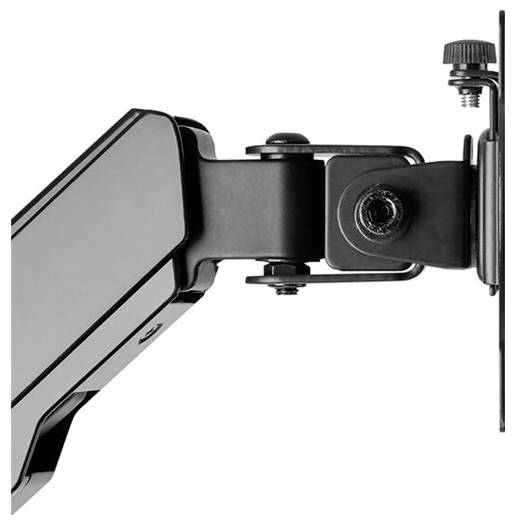 Černý monitor rameno s kloubovým uchycením a šroubovou svorkou, zobrazuje technické uspořádání pro monitory nebo displeje.