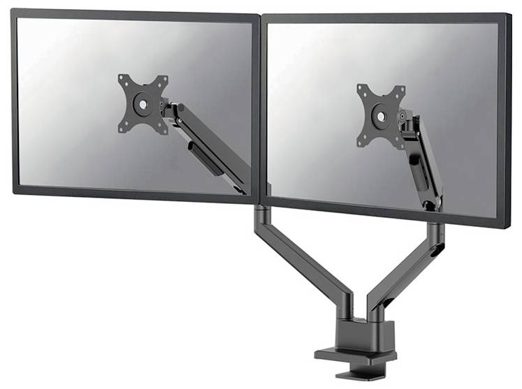 Dvojitý stojan na monitory s nastavitelnými rameny v černém provedení, připravený prouchycení dvou monitorů. Ideální pro pracovní stoly.