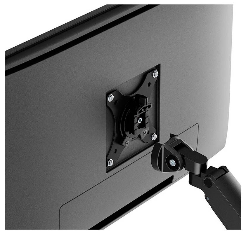 Zadní strana černého monitoru s uchycením VESA, ke kterému je připevněn nastavitelný monitor arm.