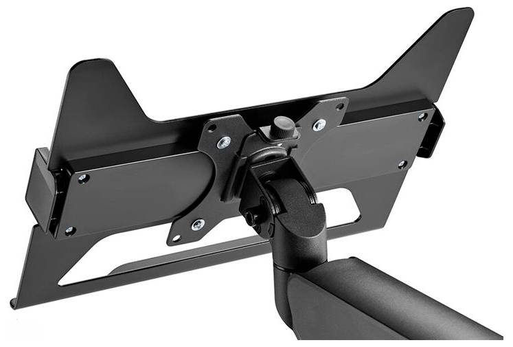Černený držák monitoru s nastavitelnými rameny a šroubovacími upevněními, připravený k montáži displeje.