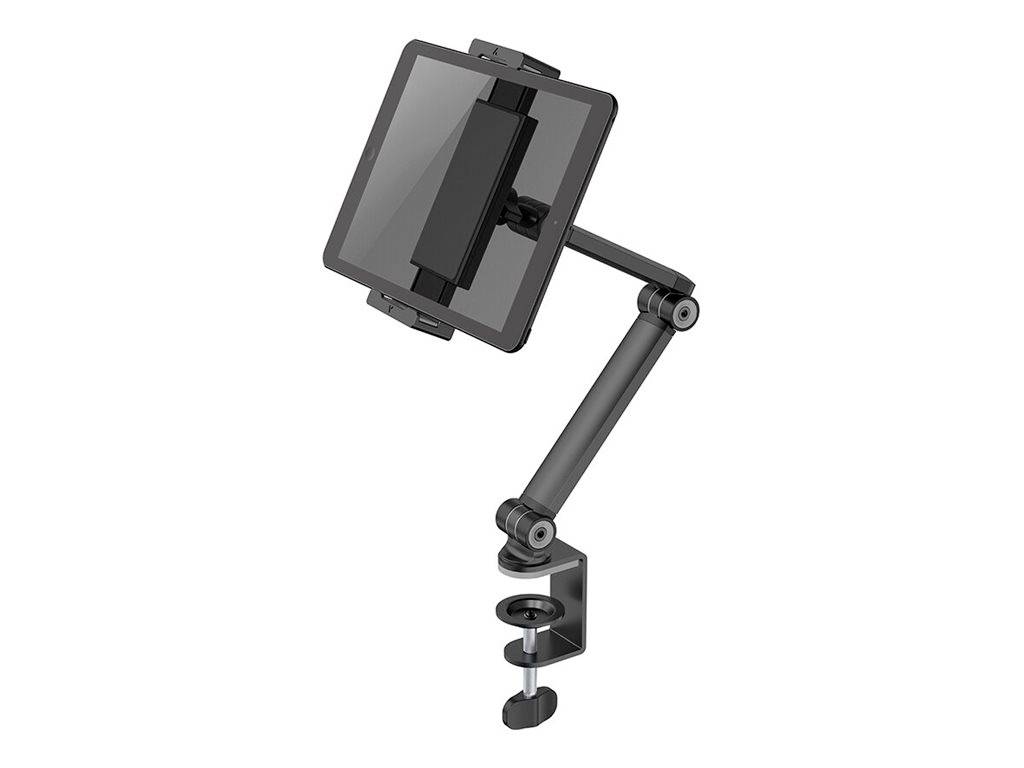 Nastavitelné rameno na tablet z kovu, upevněné do rohu skříně, které drží tablet v horizontální poloze, ideální pro pracoviště.