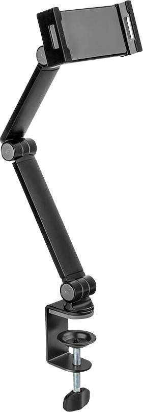 Černený, flexibilní stolní držák pro smartphony. S klipem pro upevnění na hranu stolu. Nastavitelné rameno a robustní konstrukční provedení.