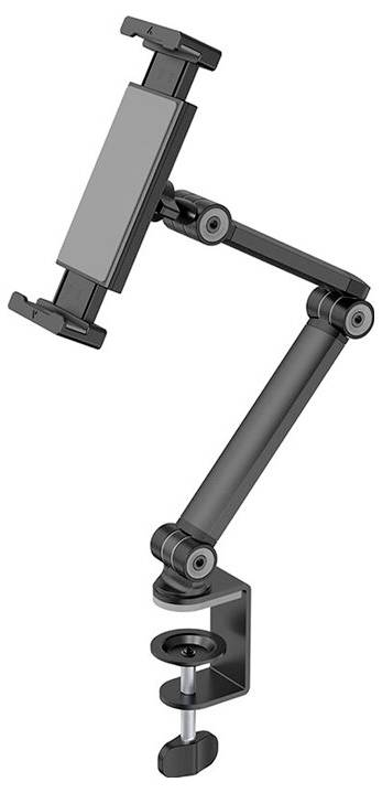 Černý držák na tablet s nastavitelným ramenem a svorkou pro upevnění na okraj stolu; ideální pro flexibilní práci nebo prezentace.