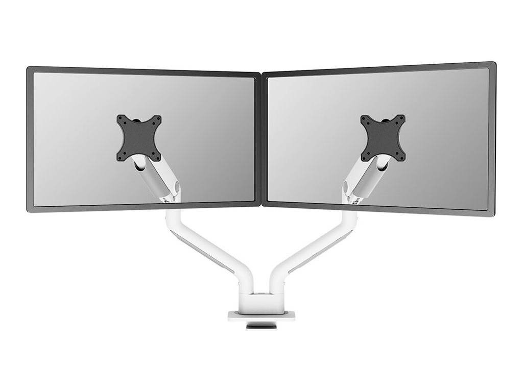 Dvojitý držák monitoru bez obrazovek, zobrazující dvě nastavitelné paže v bílé barvě, vhodné pro dva monitory, na šedém pozadí.