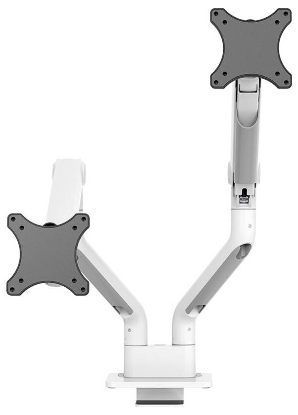 Dvojitý monitor rameno, stříbrné barvy, s flexibilními klouby pro dva monitory. Vhodné pro ergonomická kancelářská pracoviště.