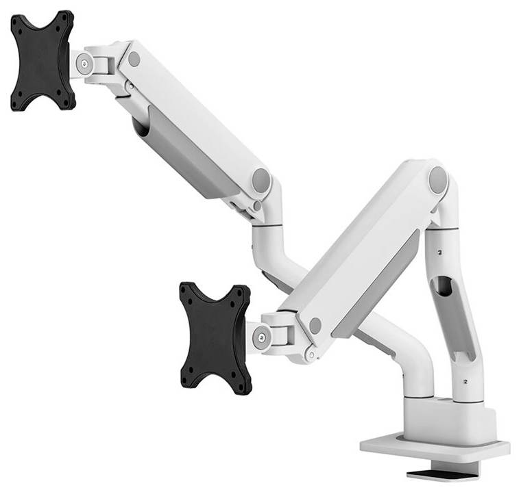 Bílé nastavitelné rameno monitoru se dvěma klouby a univerzálním uchycením VESA, vhodné pro ergonomická řešení pracovního prostoru.