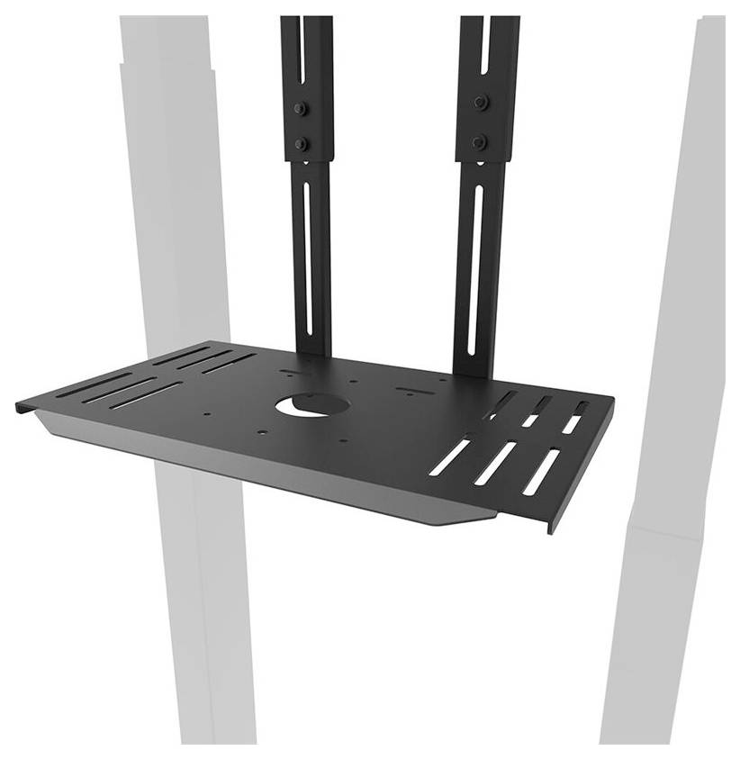 Kovový regálový panel v černé barvě, montovatelný na dvě vertikální tyče, s několika drážkami pro správu kabelů.