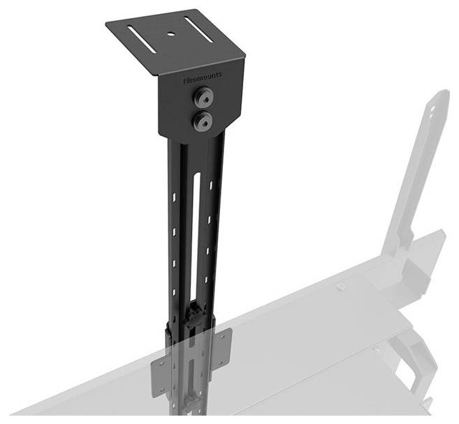 Černý TV držák vhodný pro instalaci s nastavitelnou výškou. Montážní deska nahoře, vertikální drážky pro flexibilitu.