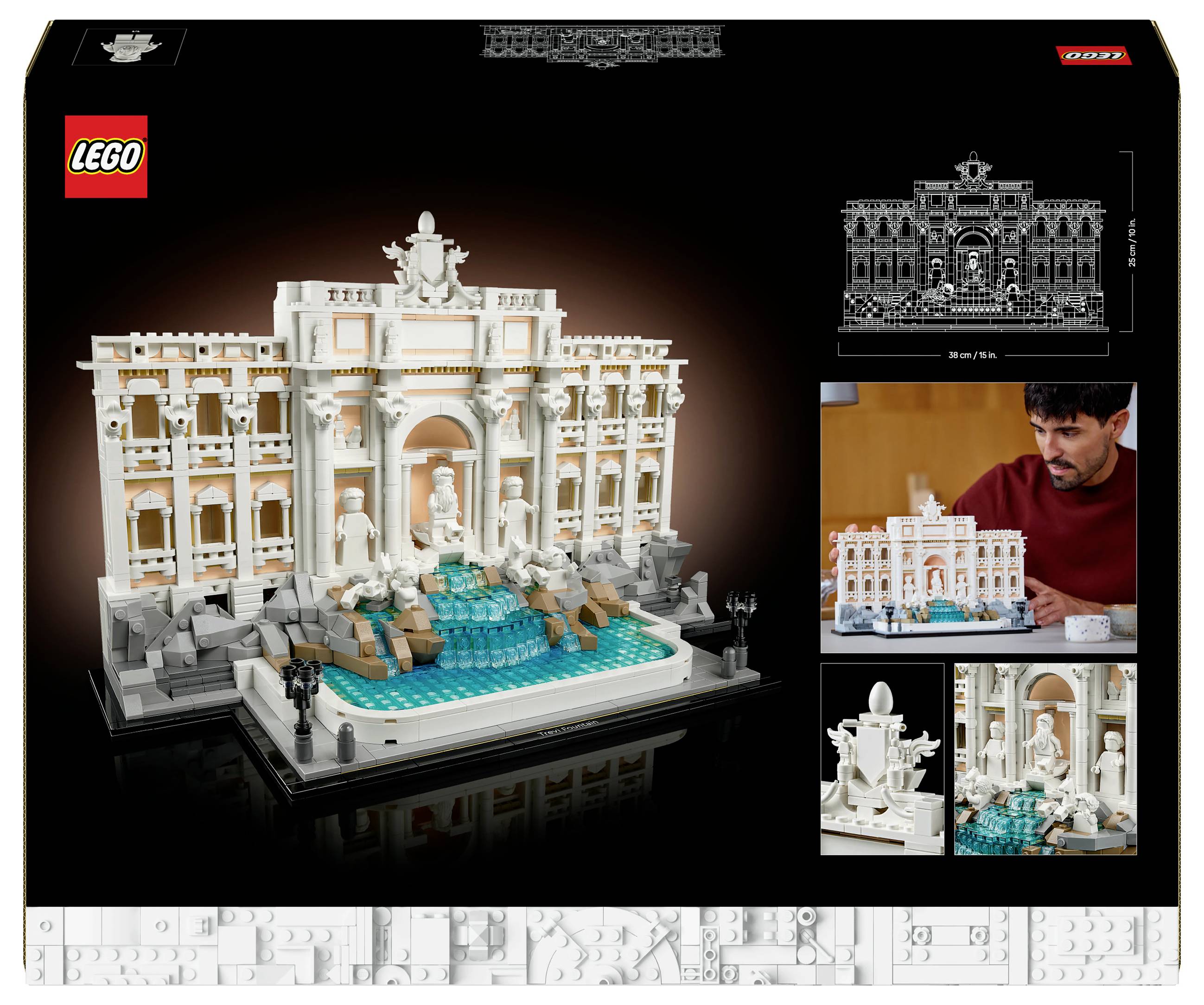 Sada LEGO Trevské fontány, zobrazuje model s vodou a sochami. V pozadí je někdo, kdo stavbu sestavuje. Rozměry a detaily jsou rovněž vyobrazeny.