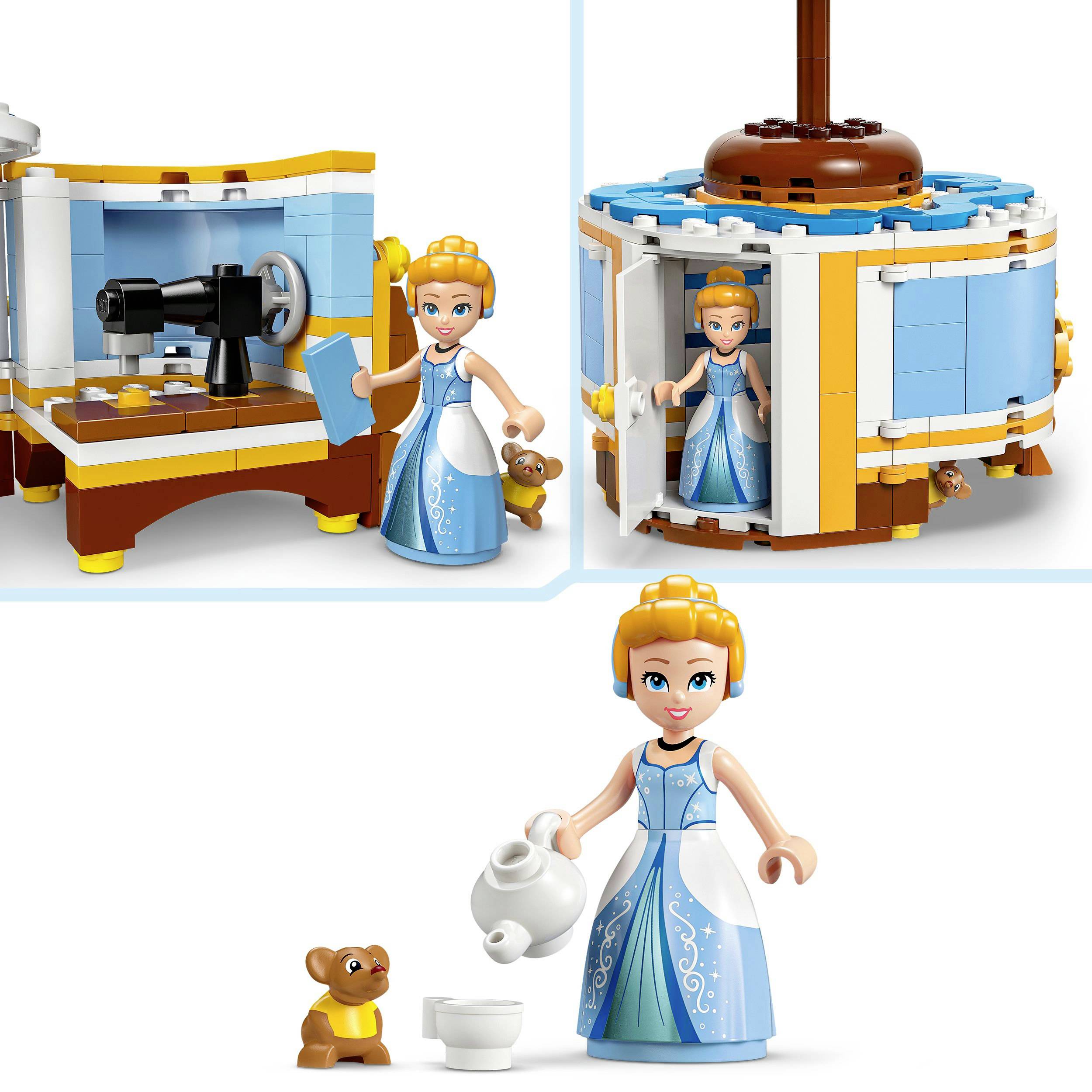 Lego figurka princezny v světle modrých šatech stojí v kuchyni s medvědem a nalévá čaj do šálku.