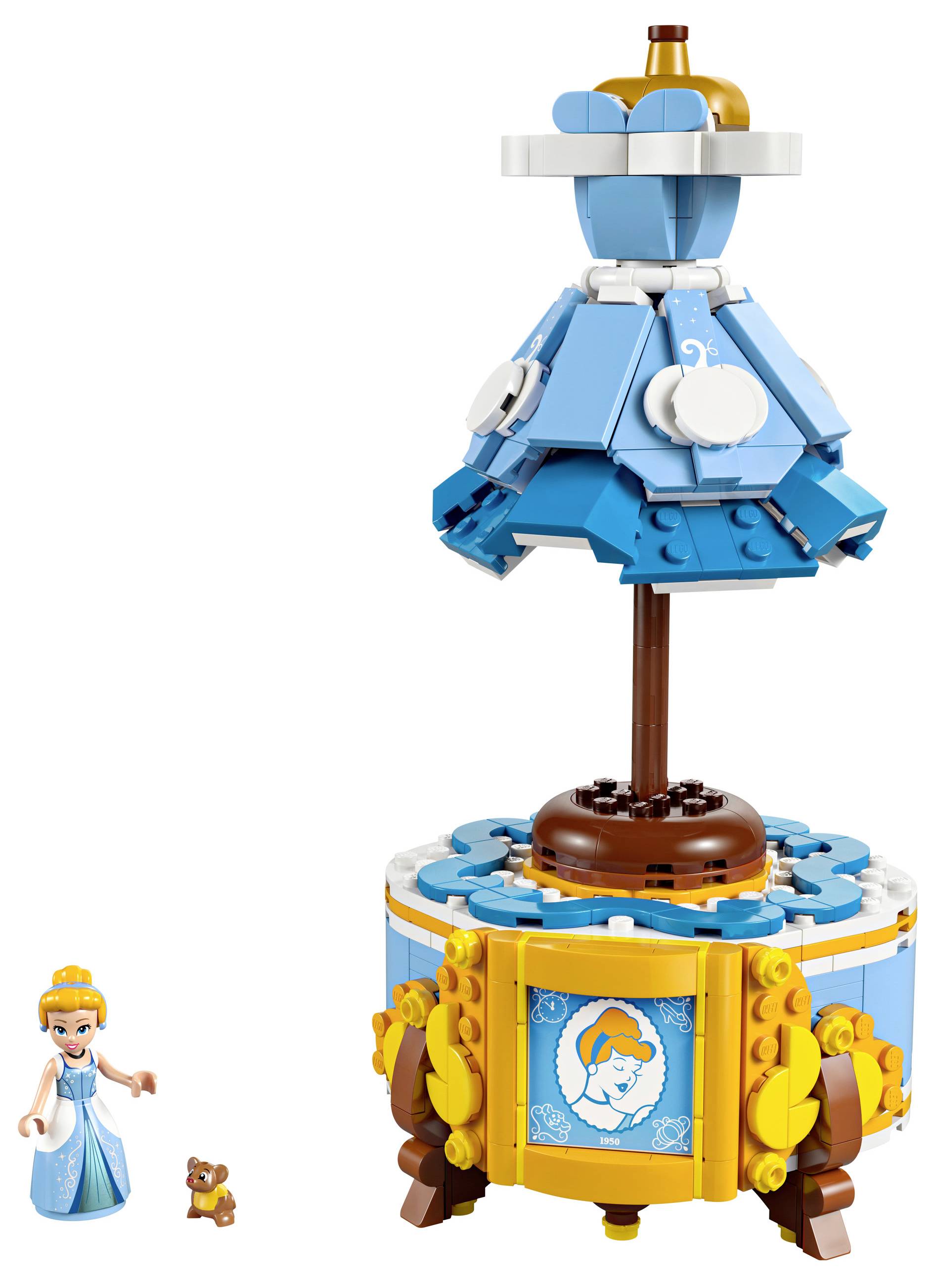 Modré LEGO šaty na otočném stojanu s motivem Popelky. Figurka Popelky a malé zvířátko vedle.