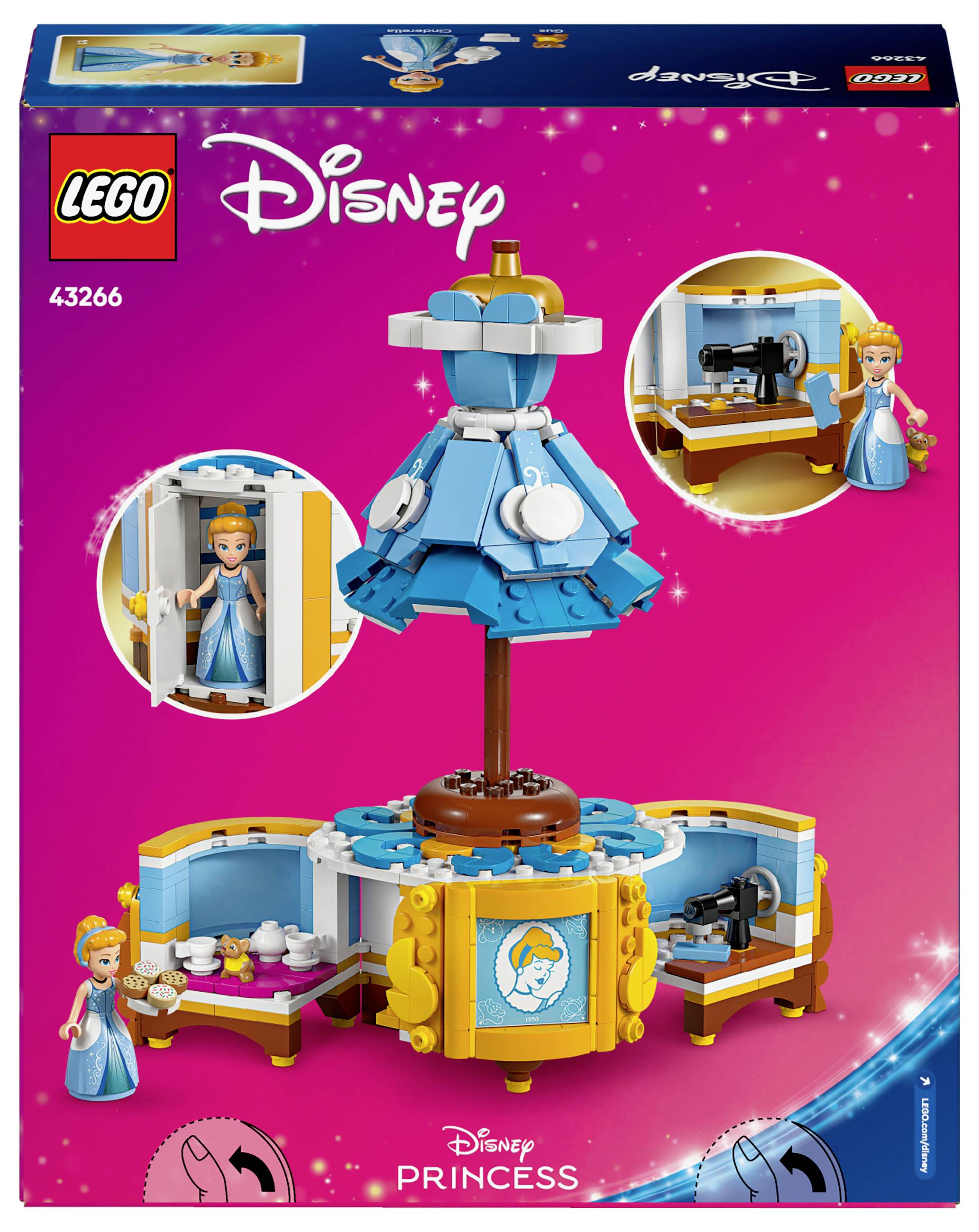 Obrázek ukazuje obal hračky LEGO Disney s modrou rotující stanicí pro figurky. Obsahuje figurky Popelky.