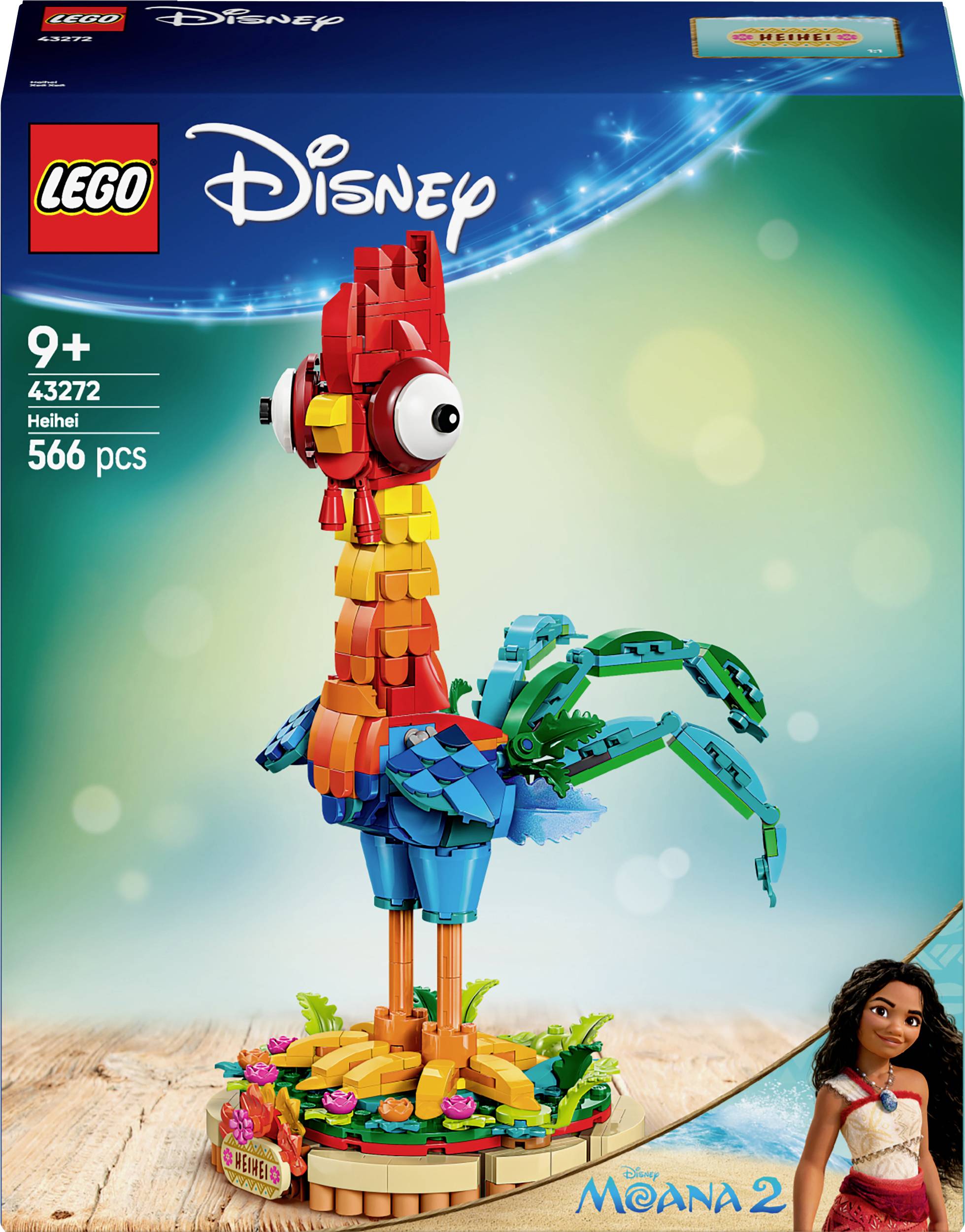 LEGO sada s barevným kohoutem a tropickými rostlinami na malé platformě. Doporučený věk: 9+, 566 dílků. Téma Disney Moana.