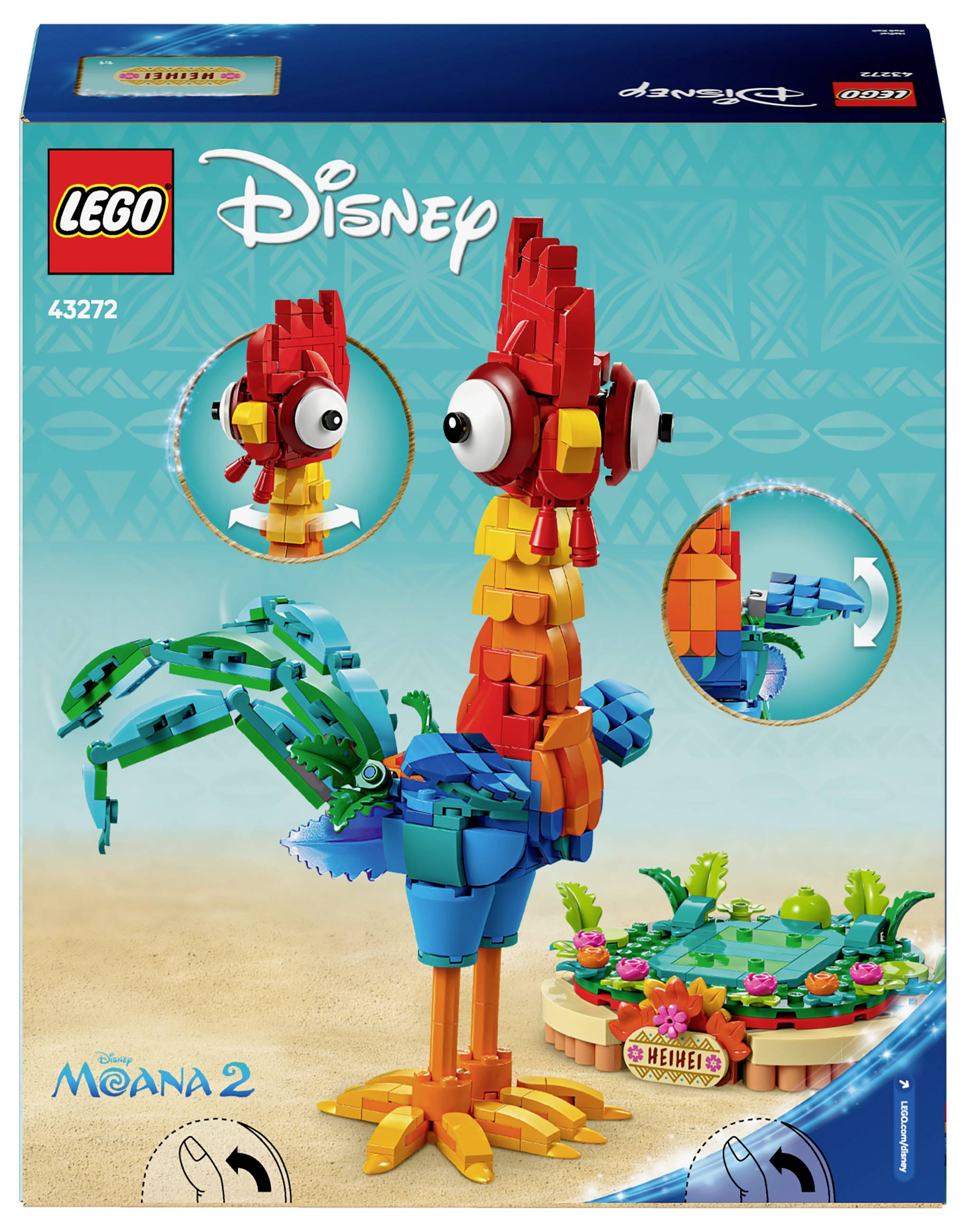 LEGO sada figury Hei Hei z filmu 'Vaiana'. Obal ukazuje pestrobarevnou slepici a její zelený listový doplněk v detailním záběru.