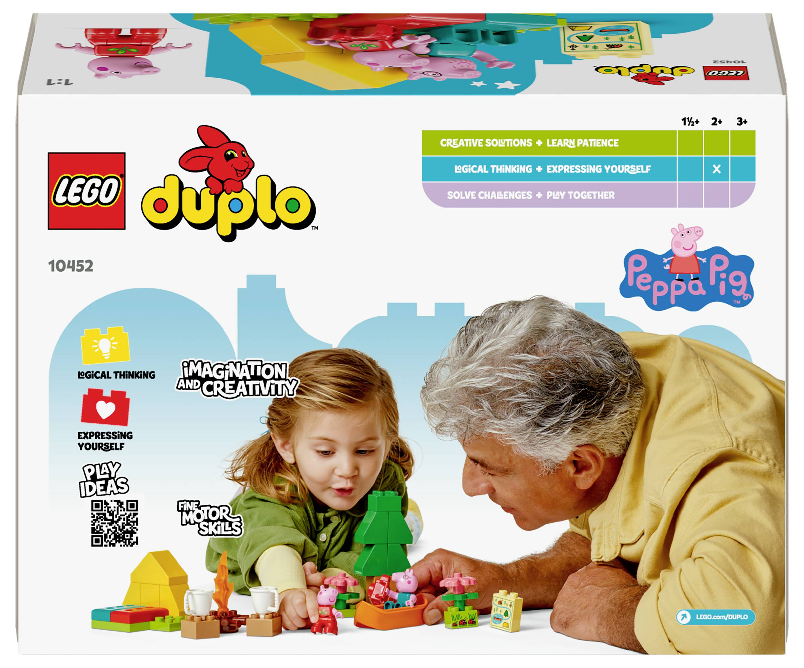 Dítě a starší muž si hrají s hračkami LEGO Duplo, obklopeni různými stavebními figurkami. Design obalu s motivy Peppy Pig.