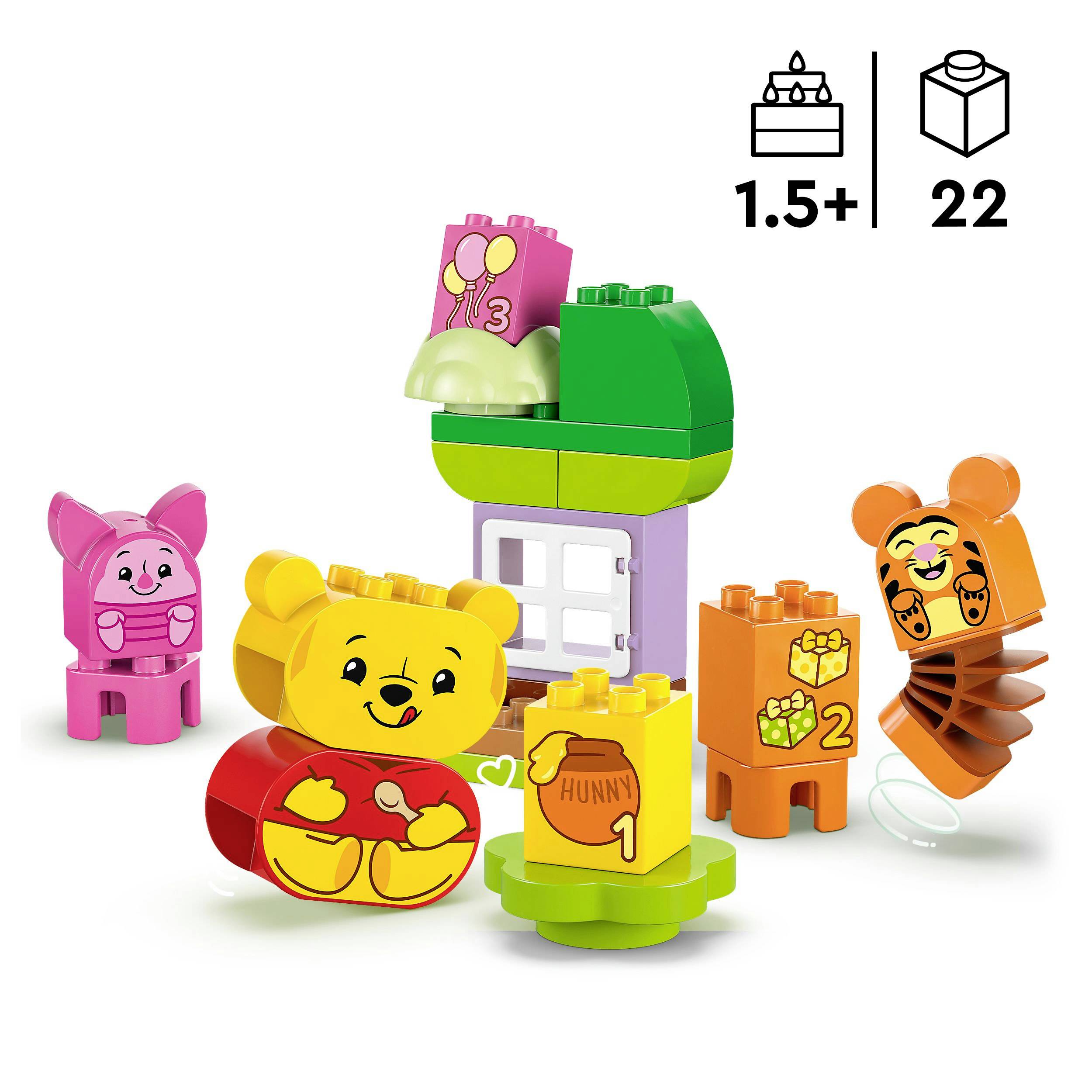 LEGO DUPLO stavebnice pro děti od 1,5 let. Obsahuje figurky Medvídka Pú a jeho přátel, spolu se stavebními kostkami a stromem.