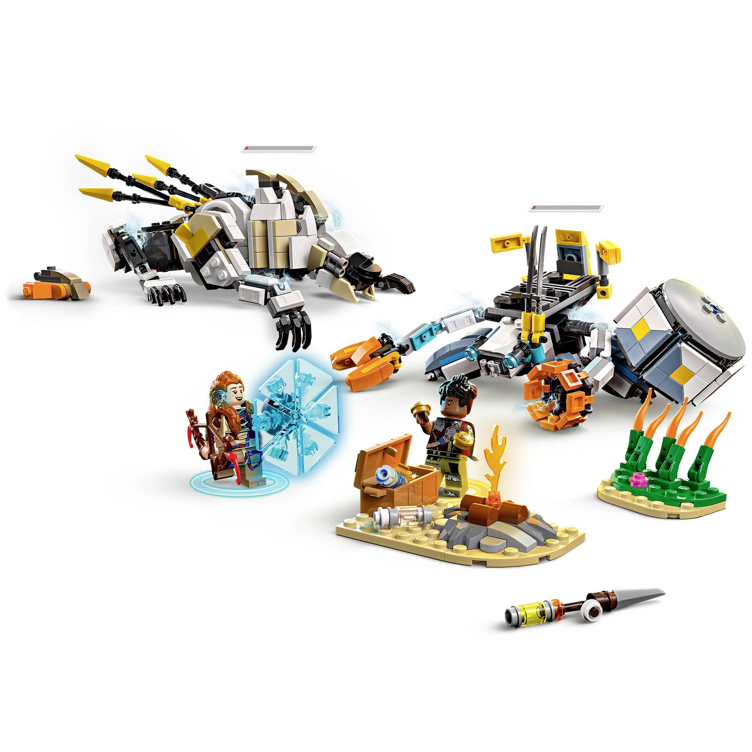 Sada LEGO s dvěma figurkami v bojové scéně. Jedna figura má modrý štít, druhá je mechanická bytost s technickými detaily.