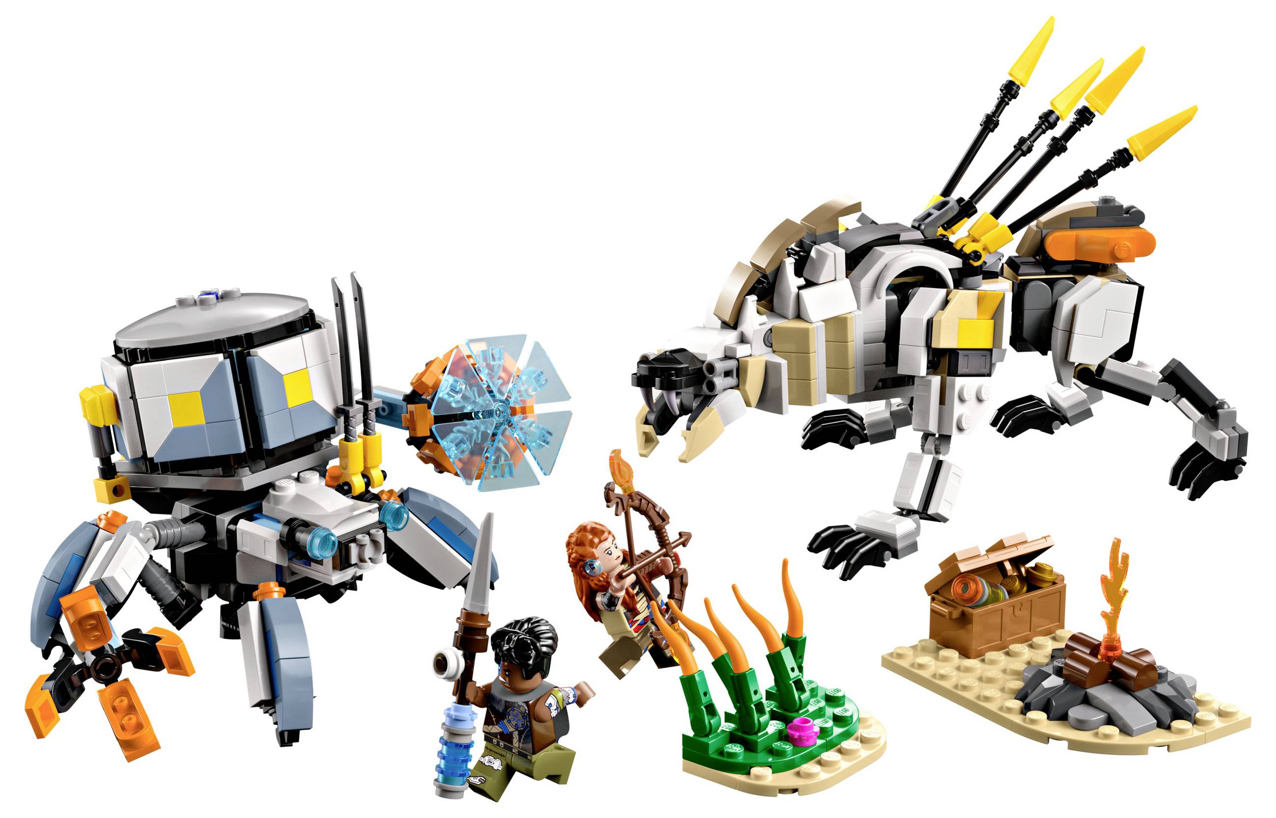 Dvě lego figurky se zbraněmi stojí naproti obrovskému mechanickému zvířeti. V pozadí hoří oheň a nachází se truhlice s pokladem.