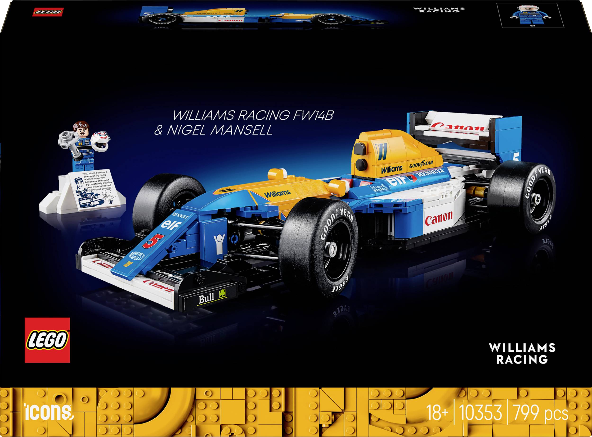 Model vozidla Williams Racing FW14B od LEGA. Obsahuje figurku a technický list Nigela Mansella. Balení uvádí 799 dílků.