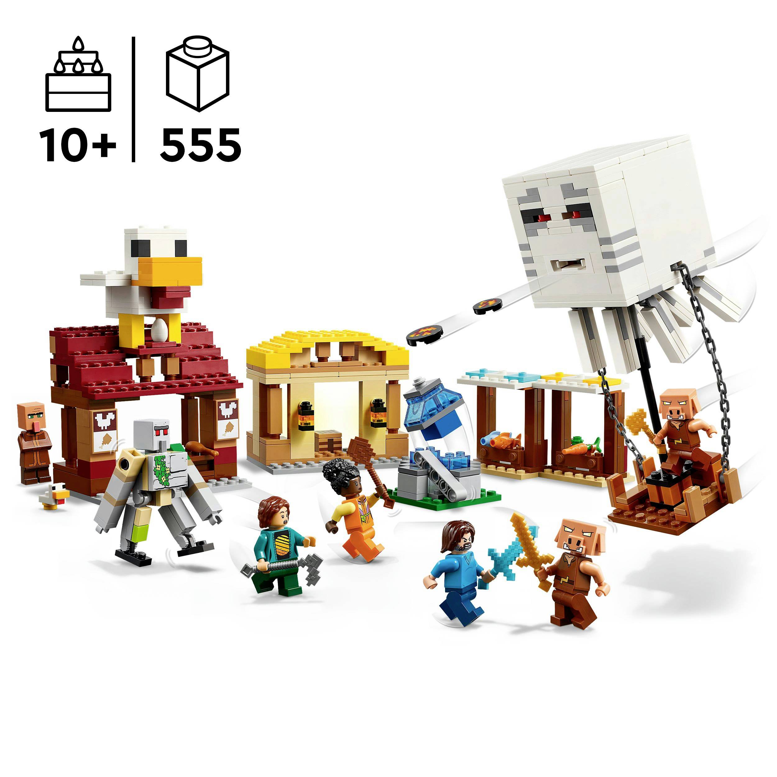 Sada Lego Minecraft s postavami, budovami a létajícím nepřítelem. Určeno pro děti od 10 let, 555 dílků.