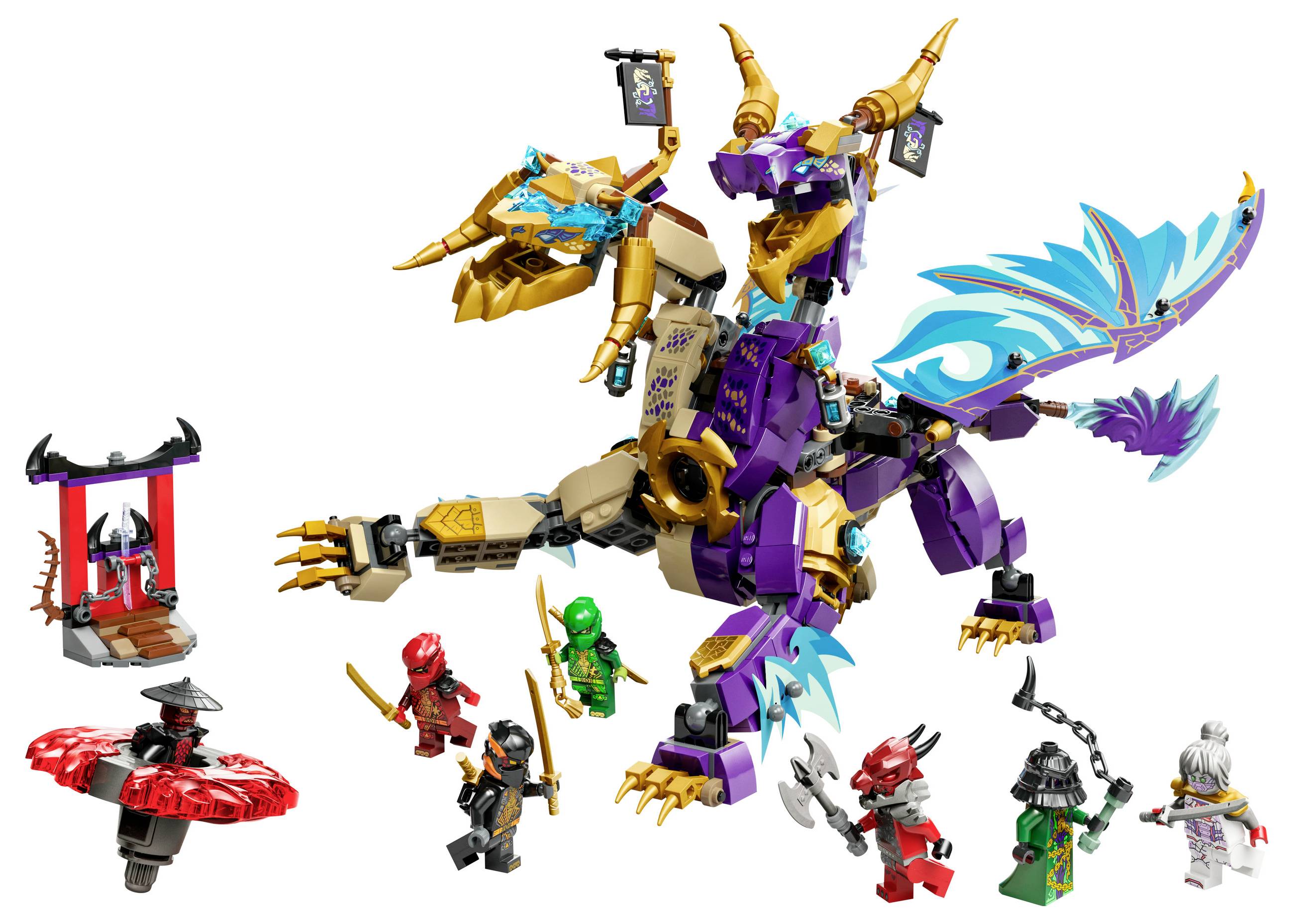 Velký Lego drak v barvách fialové a zlaté s křídly a rohy, obklopený Lego figurkami v různých barvách a postojích.