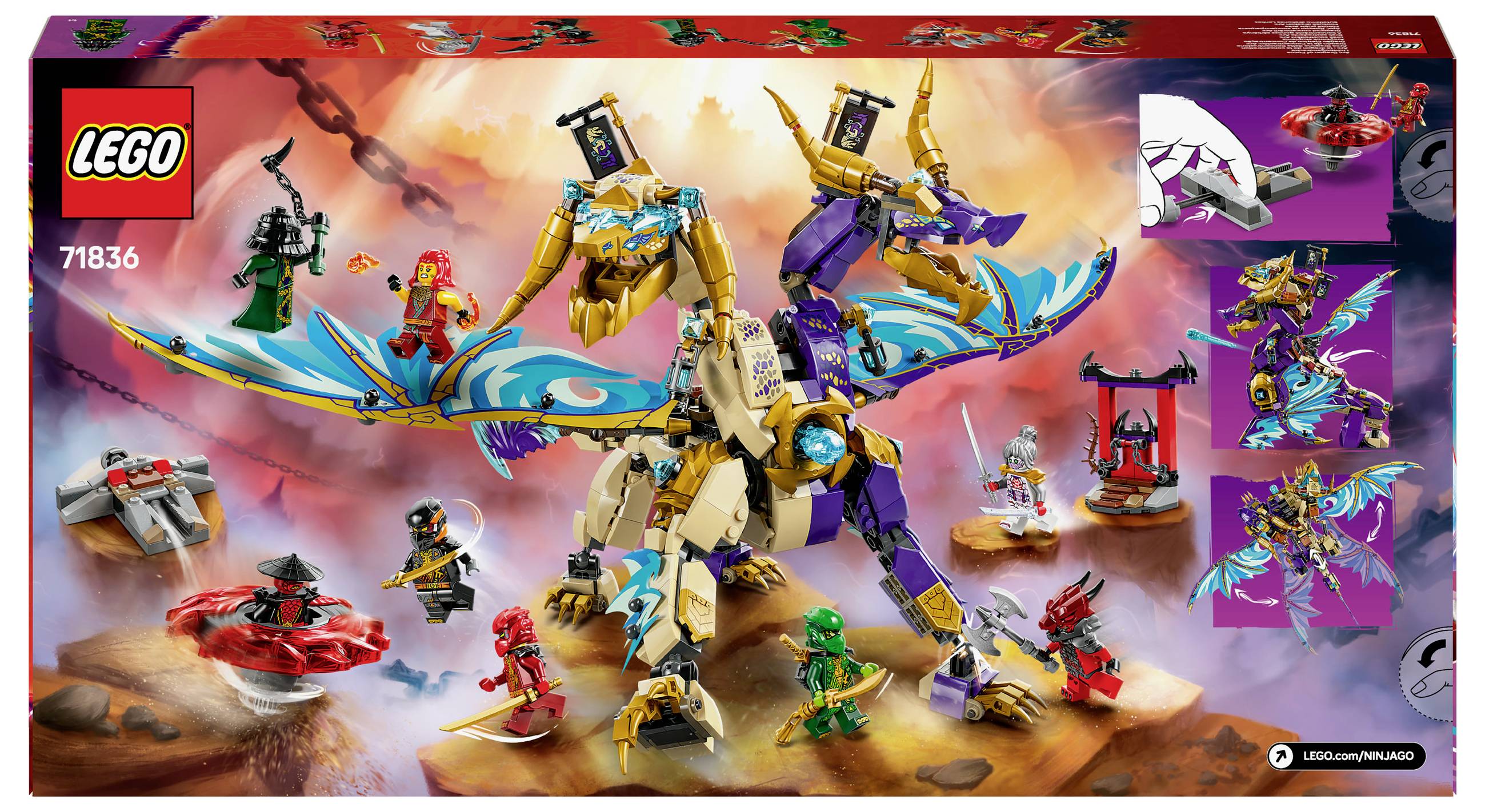 LEGO Ninjago Set 71813: Velká barevná dračí figurka obklopená několika ninjago figurkami v akčních pózách s doplňkovými díly.