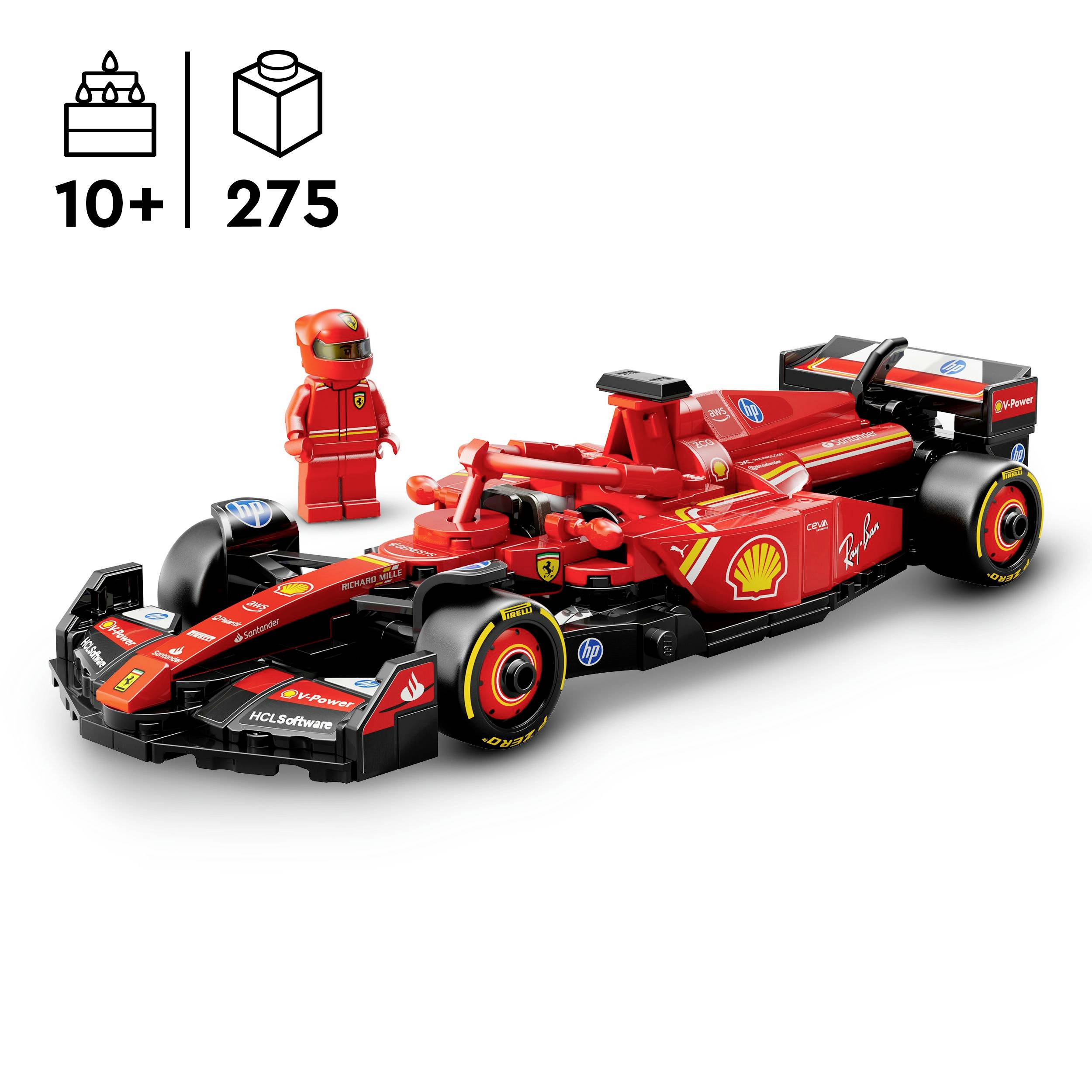 Sada Lego červeného formule 1 závodního vozu s figurkou řidiče. Vlevo nahoře symboly: '10+' let, '275' dílků. Loga značek na vozidle.