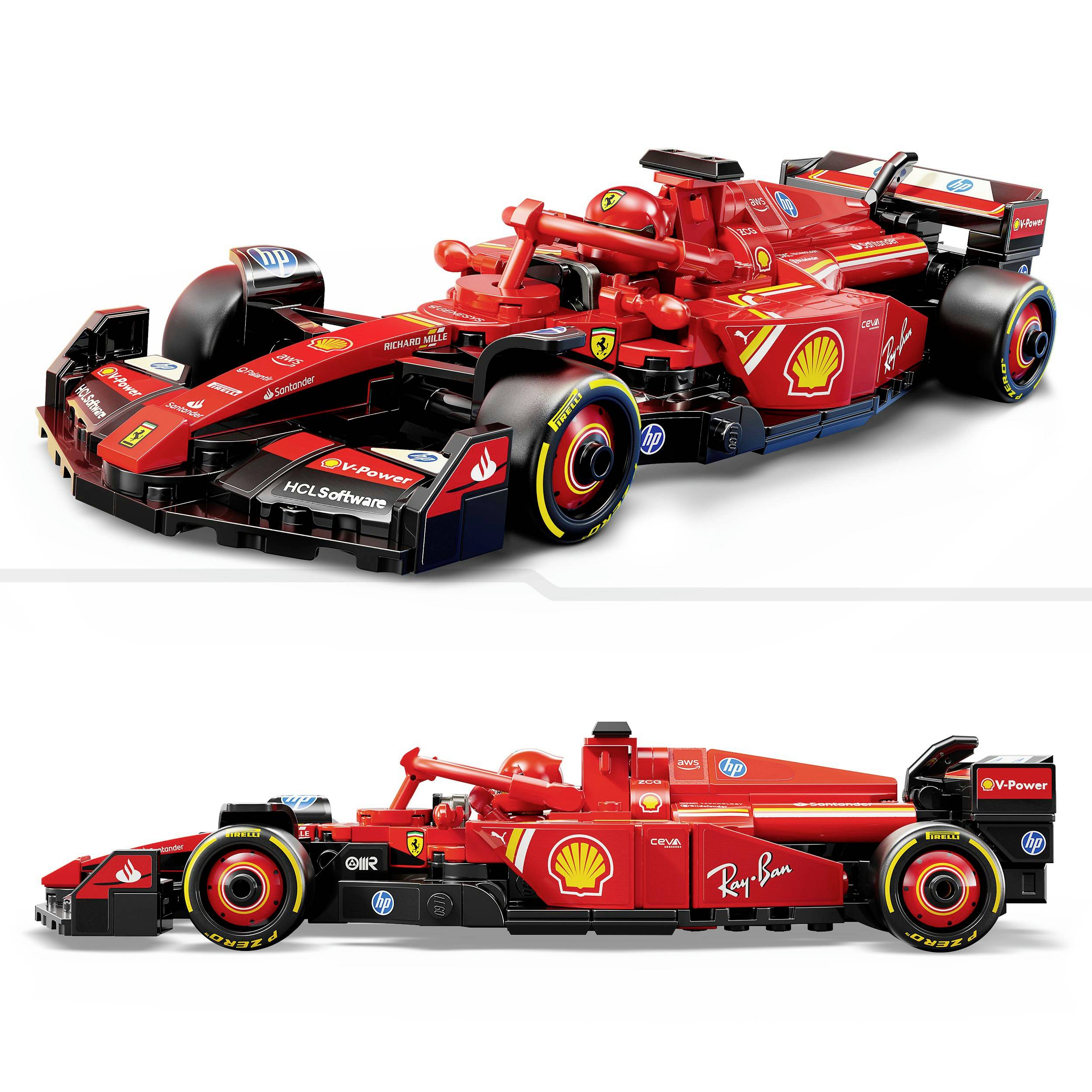 Červený model LEGO závodního vozu s logy sponzorů, včetně Shell a HP. Model zobrazuje detailní prvky závodního automobilu.