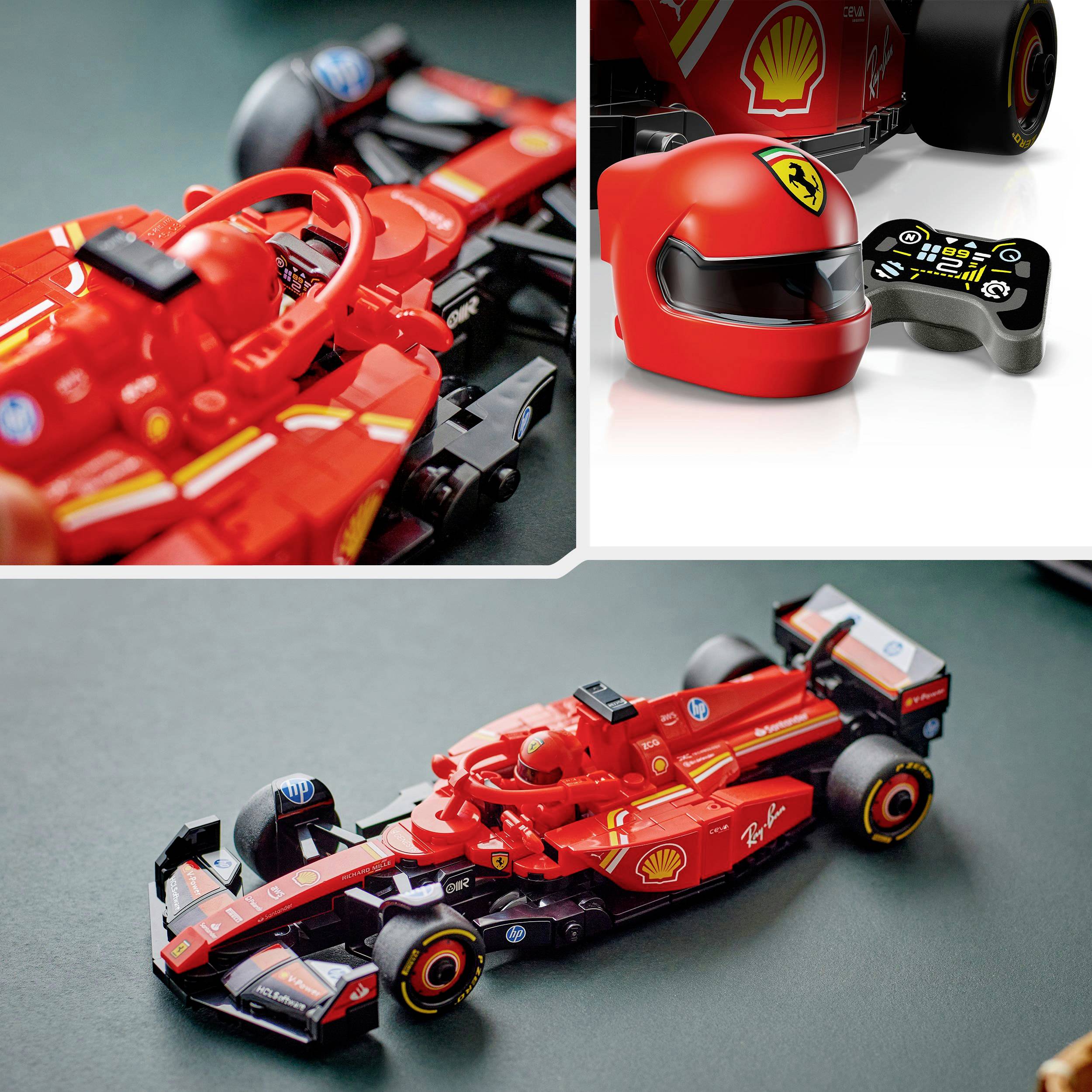 Červené hračkářské závodní auto a helma s logem Ferrari na tmavém pozadí. Firemní loga a detaily vozidla jsou zřetelně viditelné.
