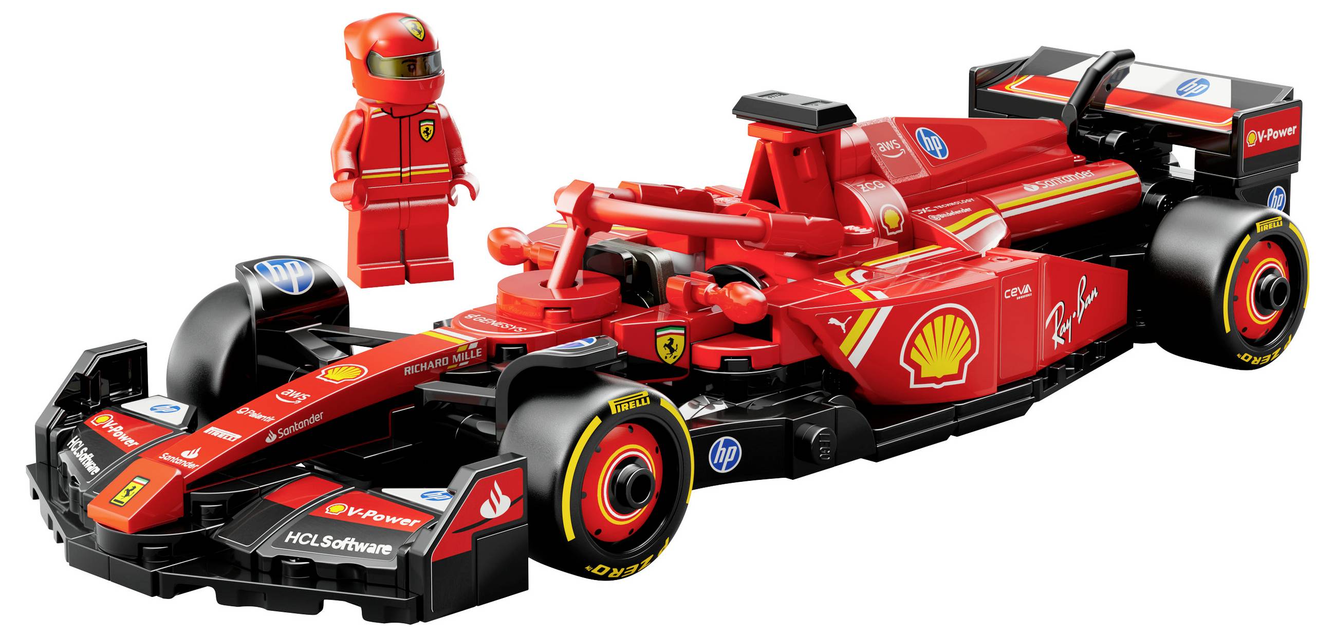 Model Lega červeného formule 1 vozu s logem značky, doprovázený minifigurkou v červené závodní kombinéze a helmě.