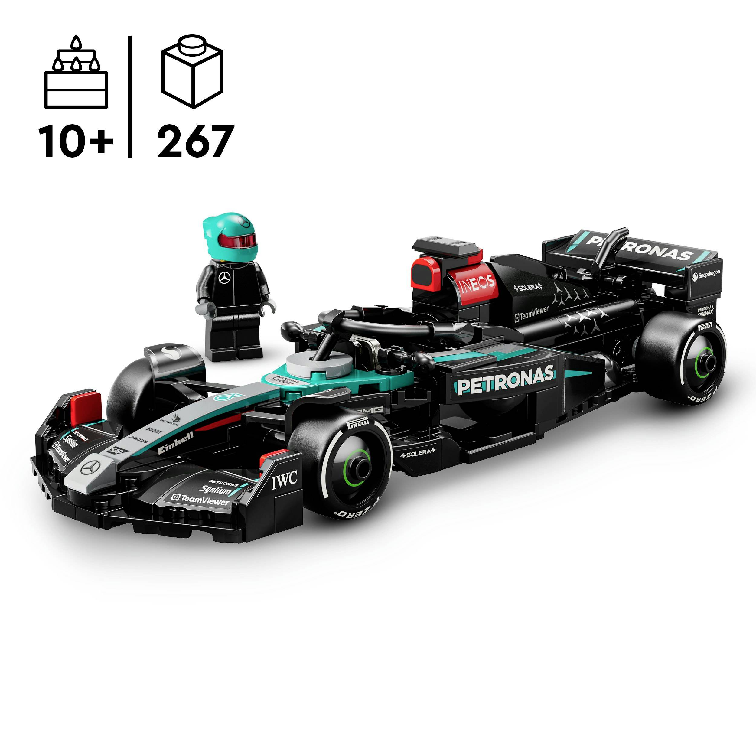Černý model závodního vozu Lego s nápisem 'Petronas' a pruhovanými akcenty. Obsahuje 267 dílků a minifigurku s helmou.