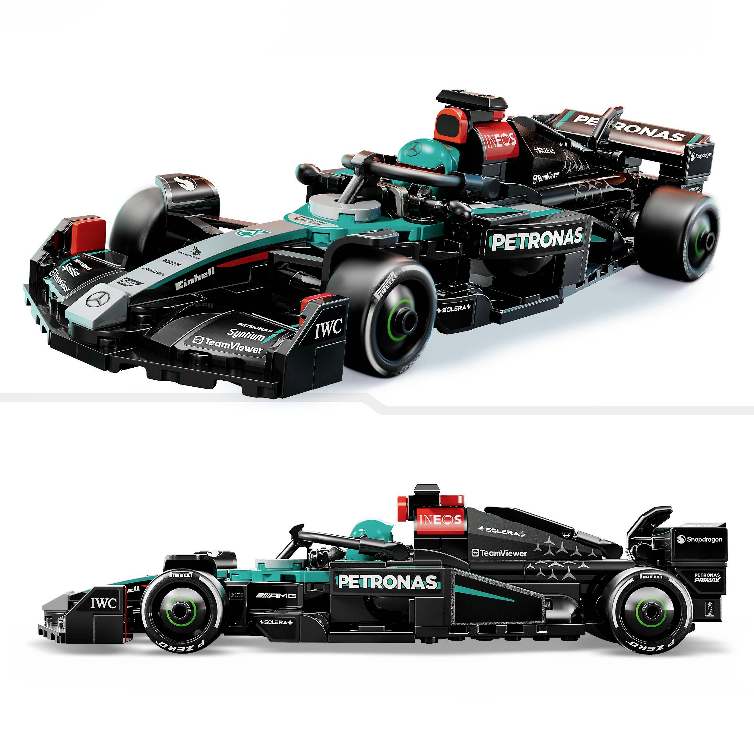 Model hračky černého formule 1 vozu s zelenými akcenty, sponzorovaný společností Petronas. Pohled shora a z boku.