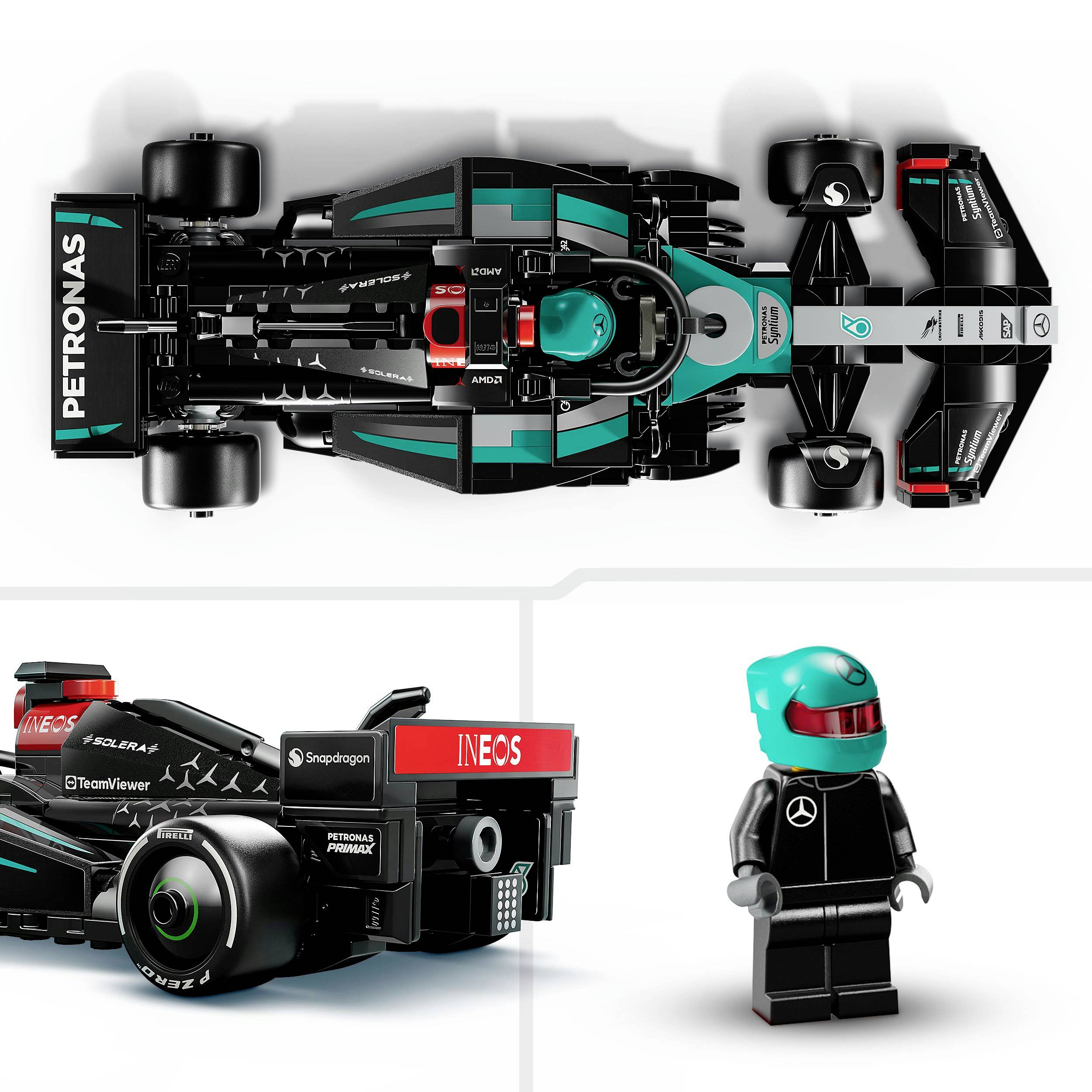 Obrázek ukazuje vozidlo LEGO ve stylu Formule 1 s detaily jako 'PETRONAS' a 'INEOS'. Vlevo nahoře je vůz pohled shora, vpravo dole je minifigurka v závodním obleku.