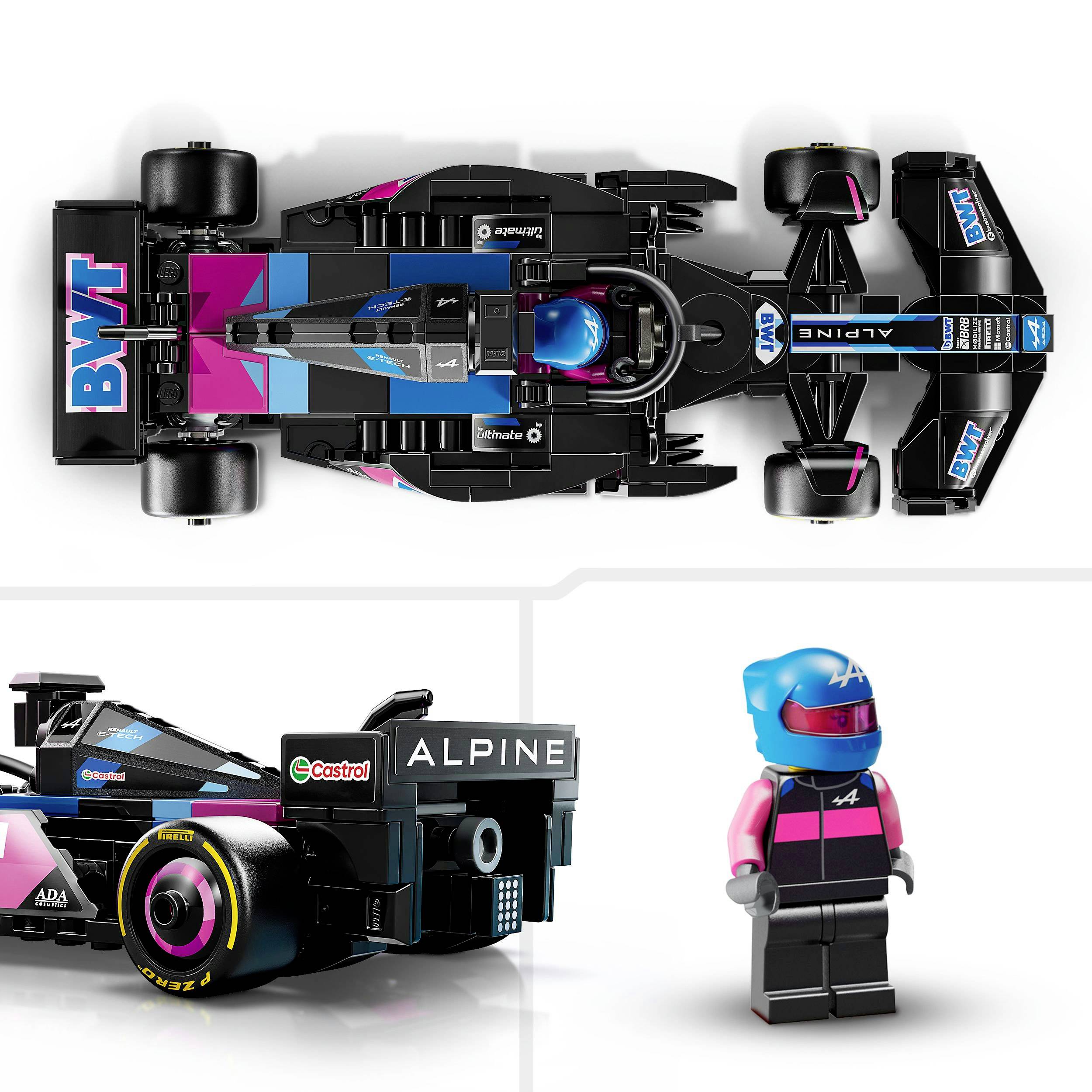 Černě-růžovo-modré závodní auto formule 1 pohledem shora s logy 'BWT' a 'Alpine'. Vedle něj Lego figurka v odpovídajících barvách a s helmou.
