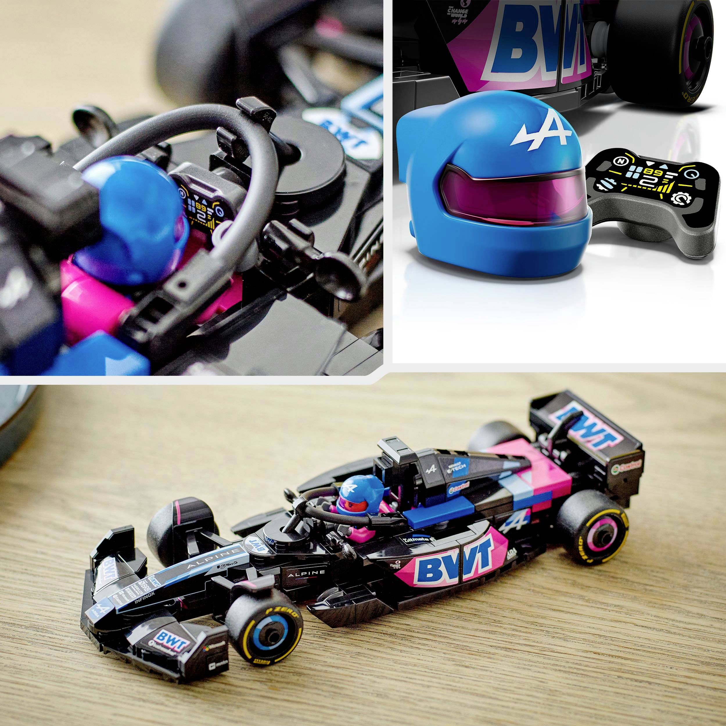 Modelové autíčko v černé barvě s růžovými a modrými akcenty, obklopené helmou a ovladačem.
