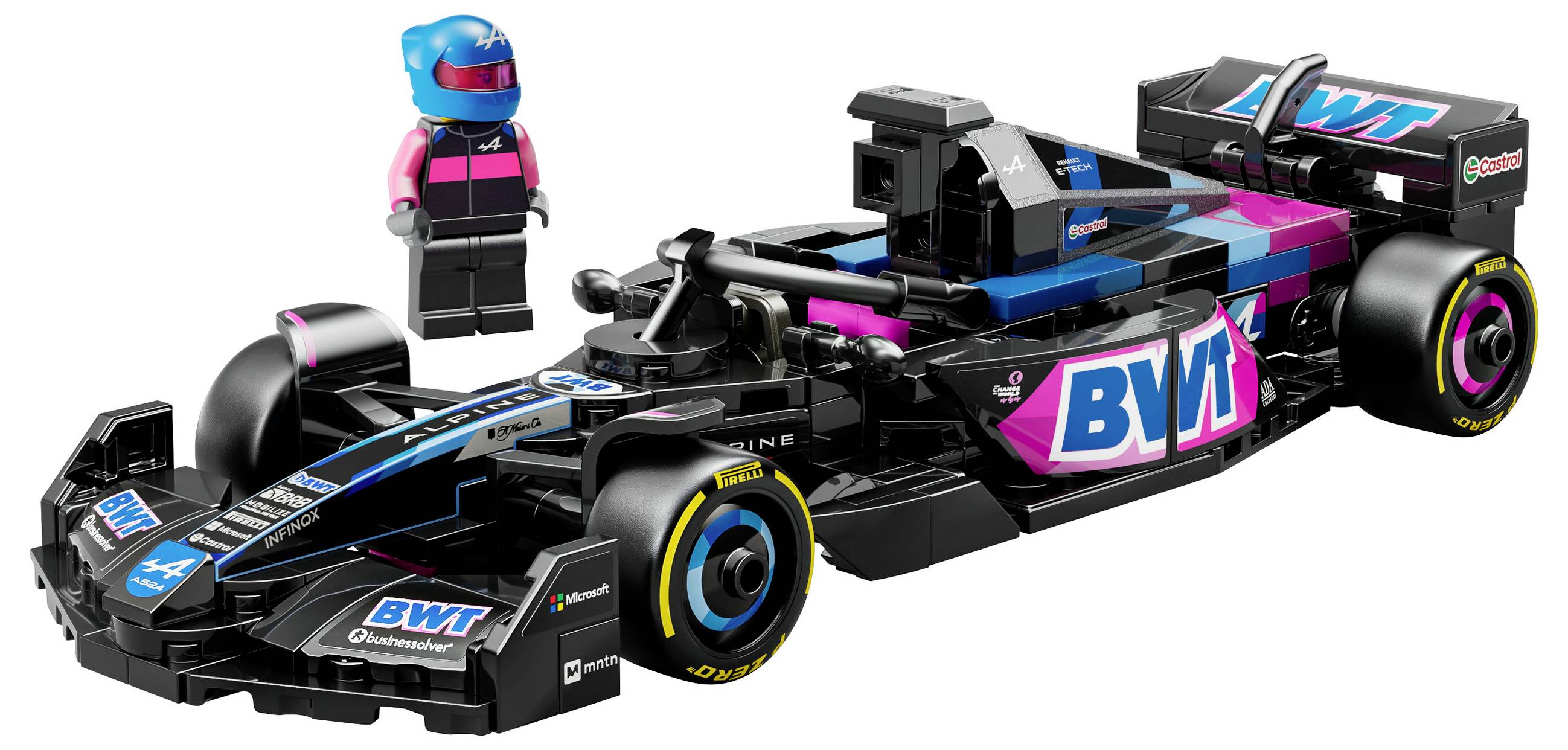 Model závodního vozu LEGO s logem 'BWT' a příslušnou figurkou jezdce v modro-růžové kombinéze a helmě.