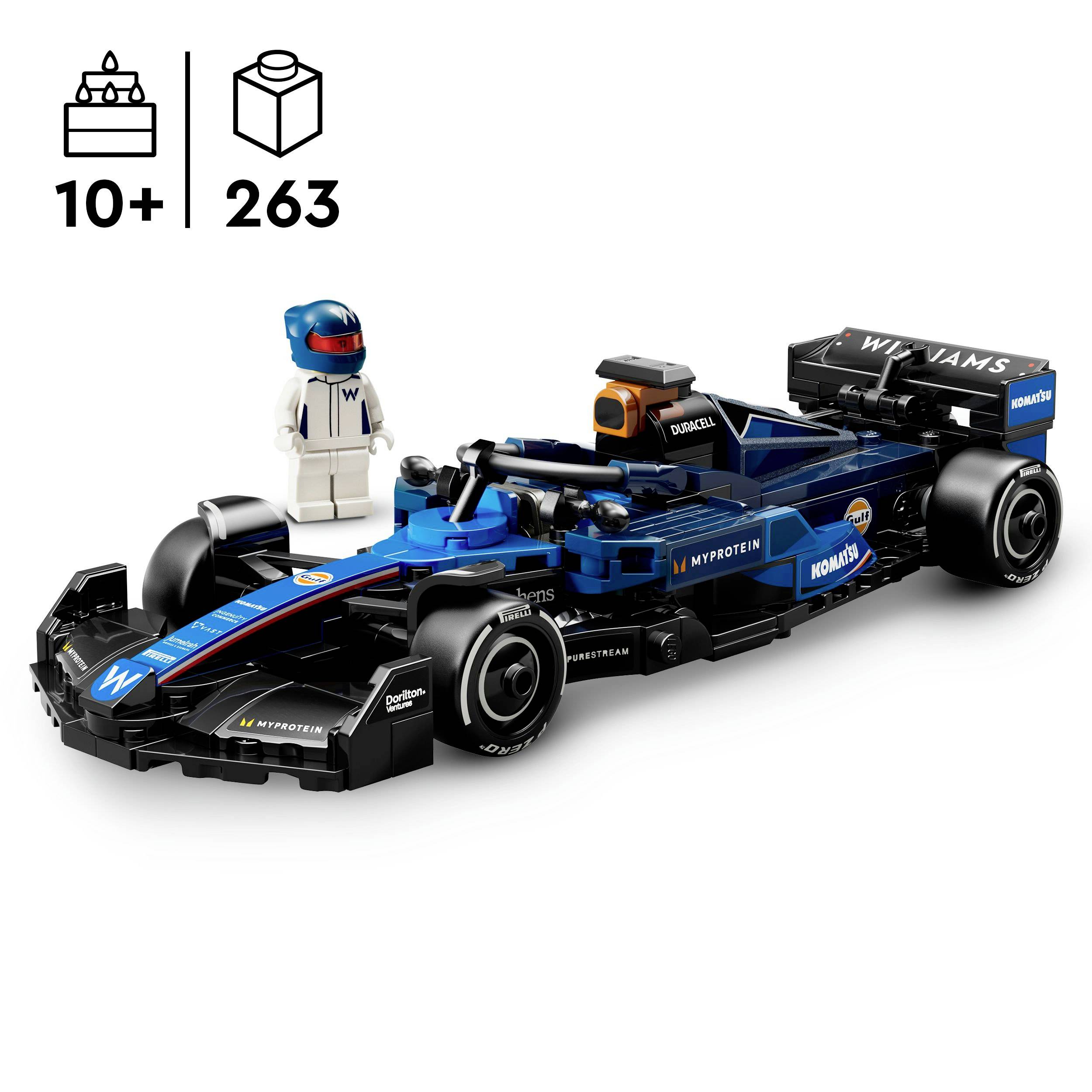 Lego model formule 1 závodního vozu s miniaturní figurkou řidiče, doporučeno pro děti od 10 let. Obsahuje 263 dílů.