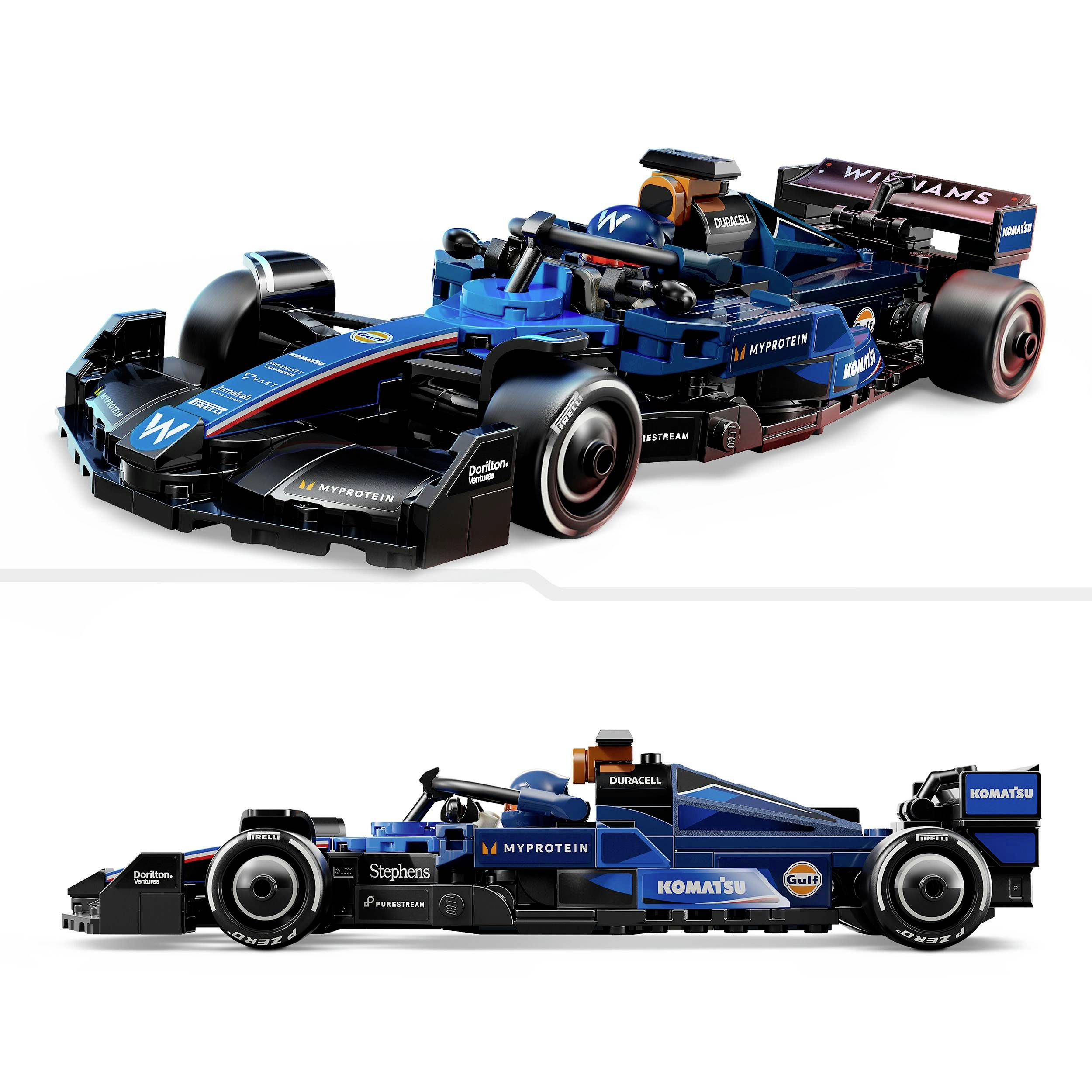 Dva závodní modely z LEGO kostek, oba v černomodré barvě s logy sponzorů, ukazují různé pohledy na vozidlo.
