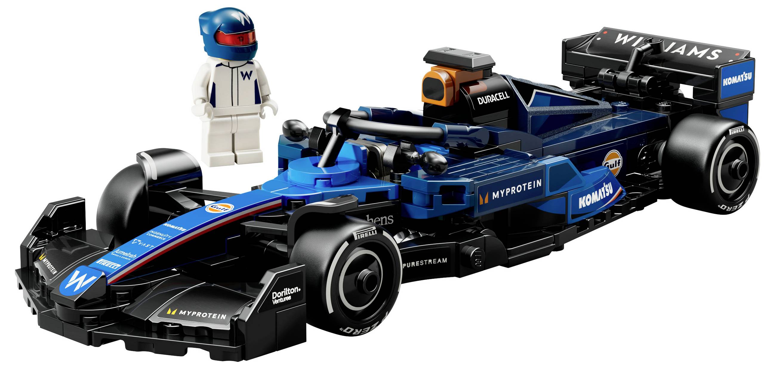 Modro-černý formulový vůz LEGO s logem týmu Williams, vedle kterého stojí LEGO figurka v bílé závodní kombinéze a helmě.
