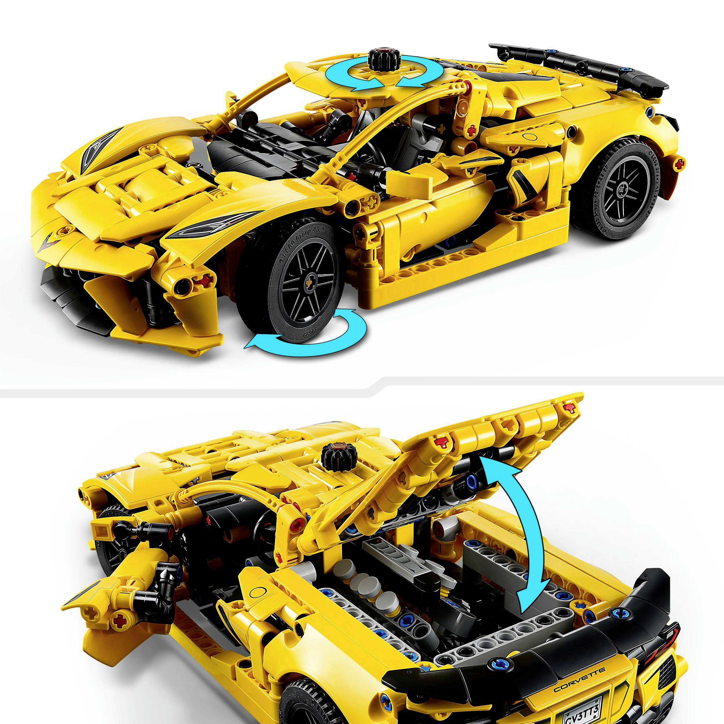 Žlutý technický model supersportovního vozu s otevřenými dveřmi a kapotou motorového prostoru, který ukazuje detailní konstrukční řešení a pohyblivé komponenty.