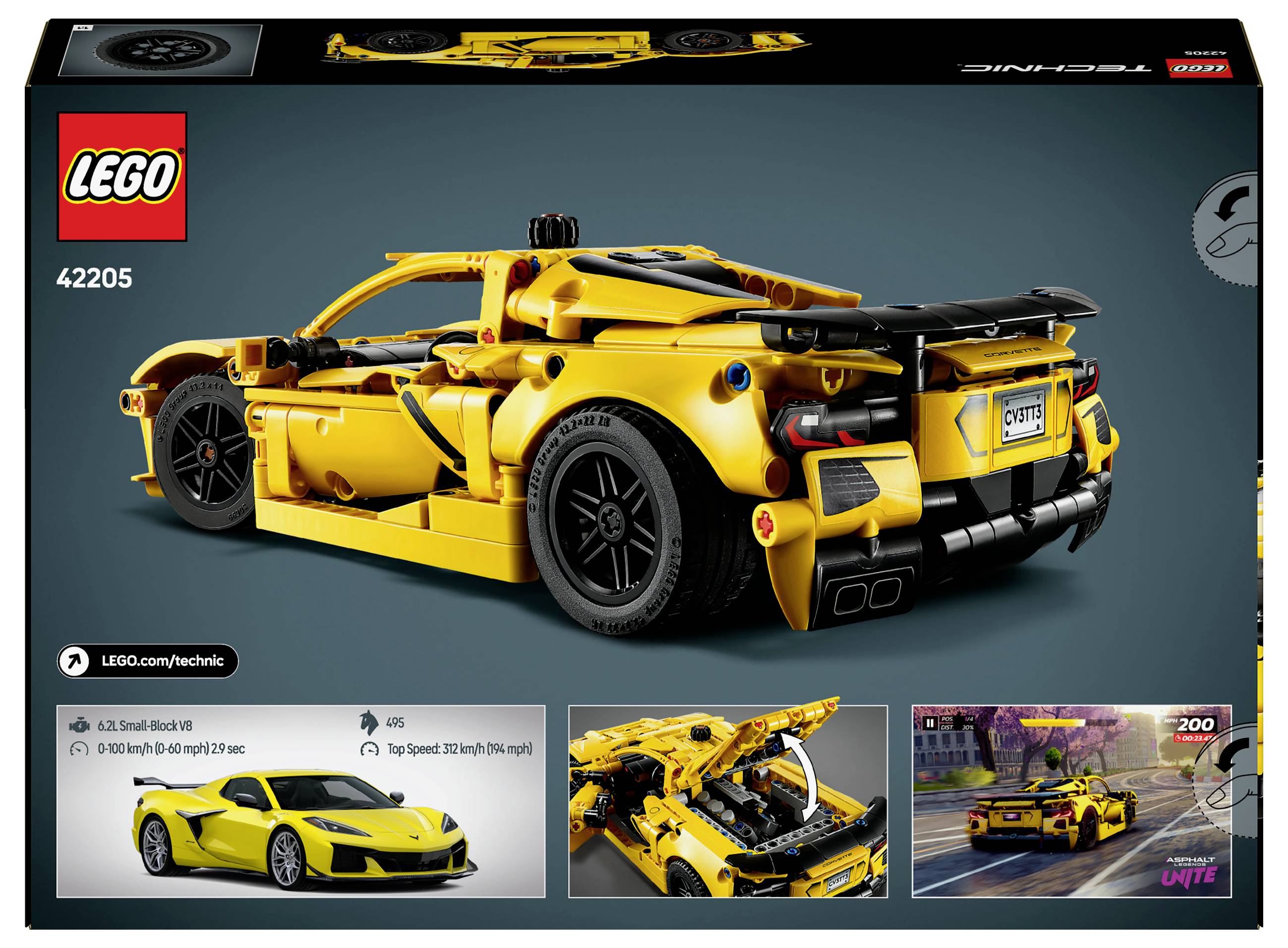 LEGO Technic Žlutý závodní vůz se sadou s detailním designem, pohyblivým zadním křídlem a mechanismem dveří, číslo modelu 42205.
