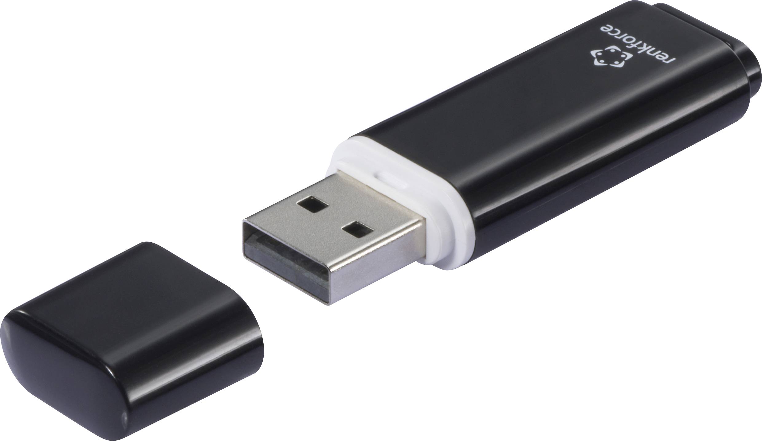 Černý USB flash disk s odejmutým krytem, leží na boku. Nahoře je viditelný symbol recyklace.