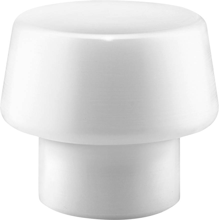 Bílý cylindrický plastový knoflík s širší plochou horní stranou a užším spodním soklem.