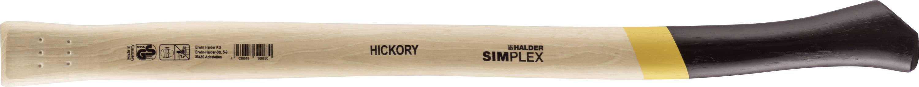 Topůrko z dřeva, označené nápisem 'Hickory' a 'Simlex', má žlutou a černou rukojeť.