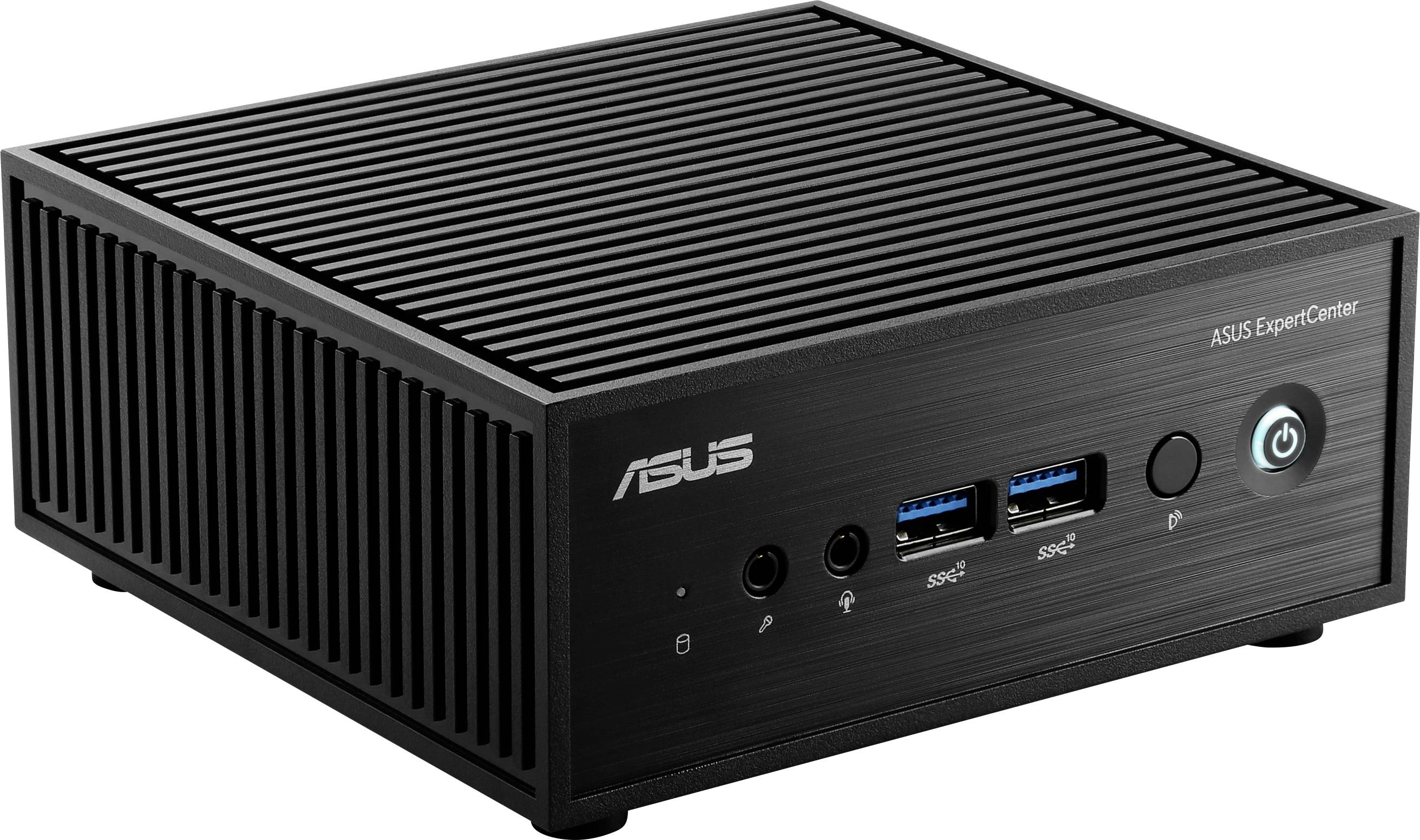 Malý černý Asus ExpertCenter s několika porty vpředu, včetně USB portů a síťového spínače.
