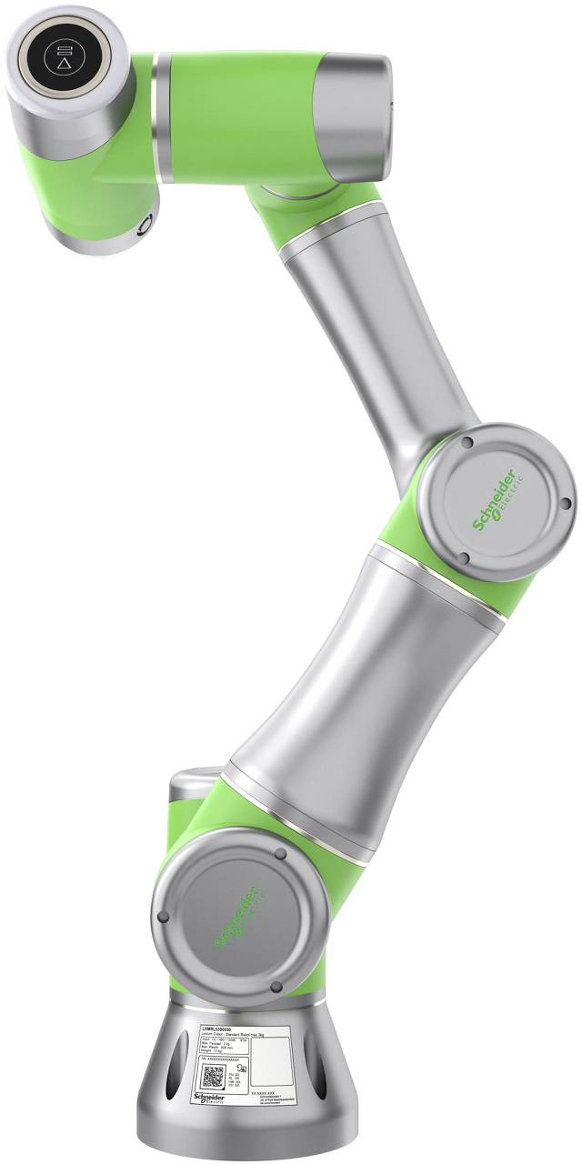 Průmyslový robotický arm v zelené a stříbrné barvě s výraznou kloubovou konstrukcí pro přesné mechanické pohyby.