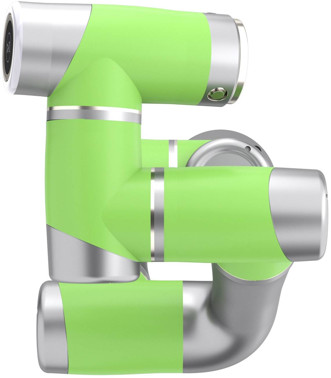 Stylizovaný, kovový modul robotické paže se zelenými a stříbrnými segmenty, skládající se z několika pohyblivých kloubů.