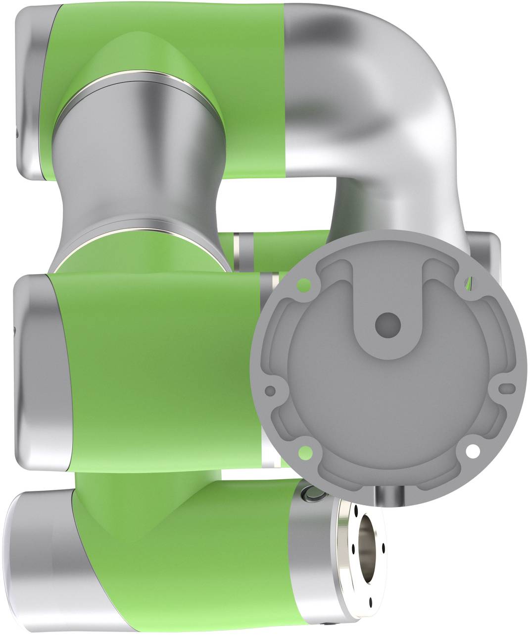 Průmyslové robotické rameno se zeleným a stříbrným zbarvením předvádí svou pohyblivost. Vhodné pro přesné automatizační úkoly.